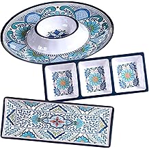 Talavera 3-Piece Melamine Hostess Serveware Set &ndash; Chip &amp; Dip Server, 3-Section Relish Tray, and 19" Rectangular Platter &ndash; Colorful Southwest Serving Set for Entertaining &amp; Outdoor Dining