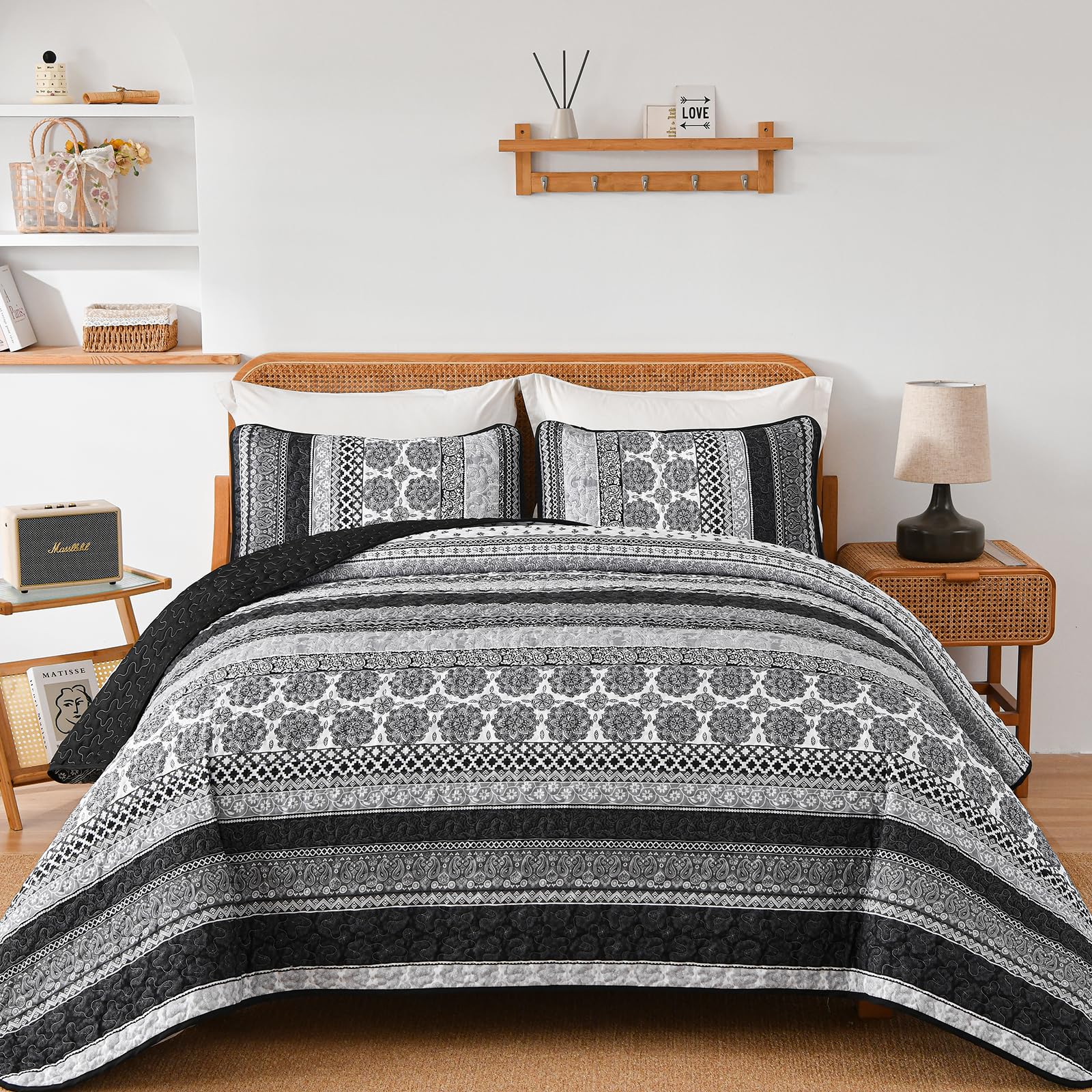 WONGS BEDDINGBoho Quilt Set Queen Size, Grey Bohemian 3 Pieces Quilt Sets, Lightweight Summer Bedspread Coverlet Bedding Set for All Season (96"x90")