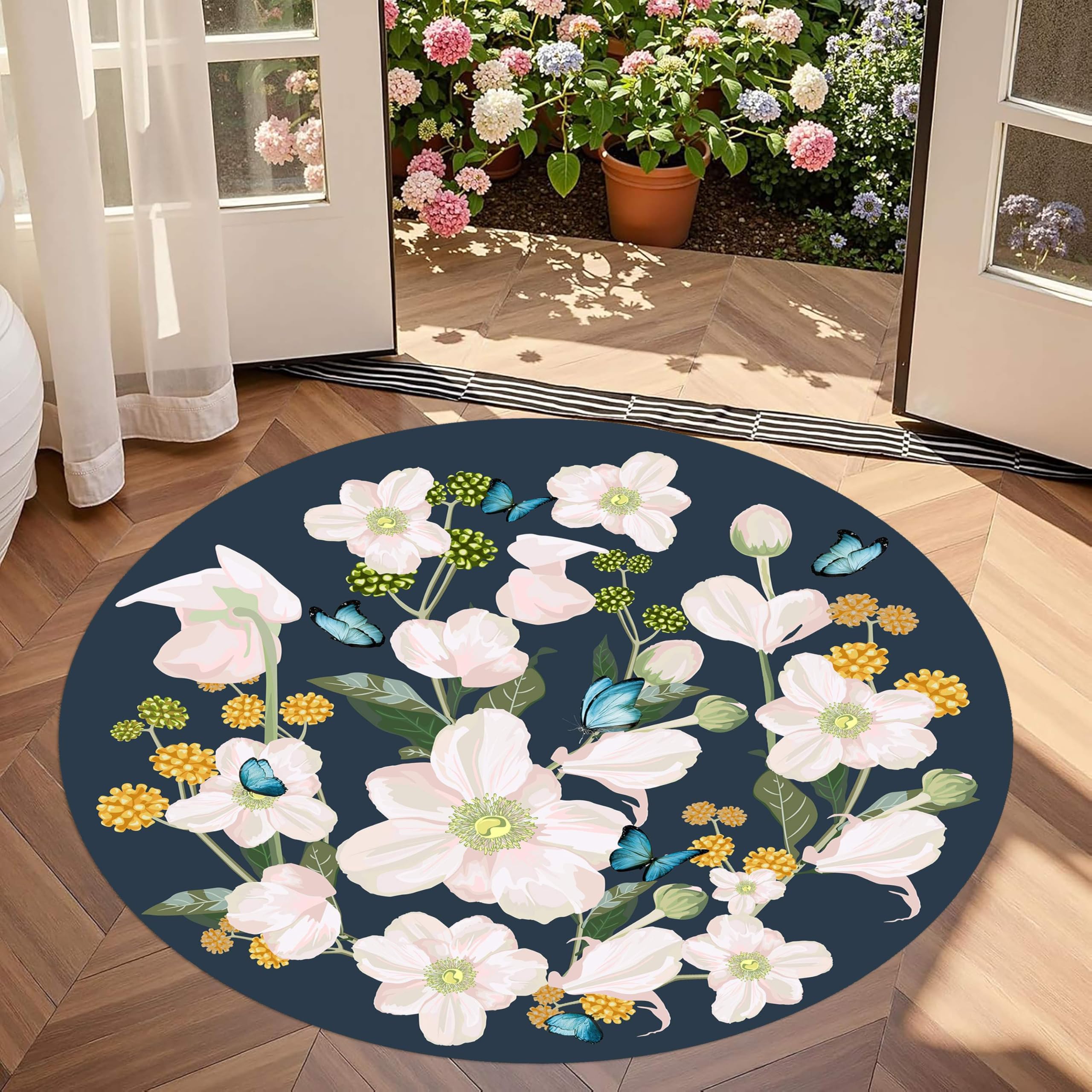 LHOMKCV Round Retro Floral Rug, 90cm, Pink Flowers Blue Butterflies Indoor Decor Flat Carpet, Non-Slip Washable Durable Soft Black Circle Rugs for Bathroom Living Room