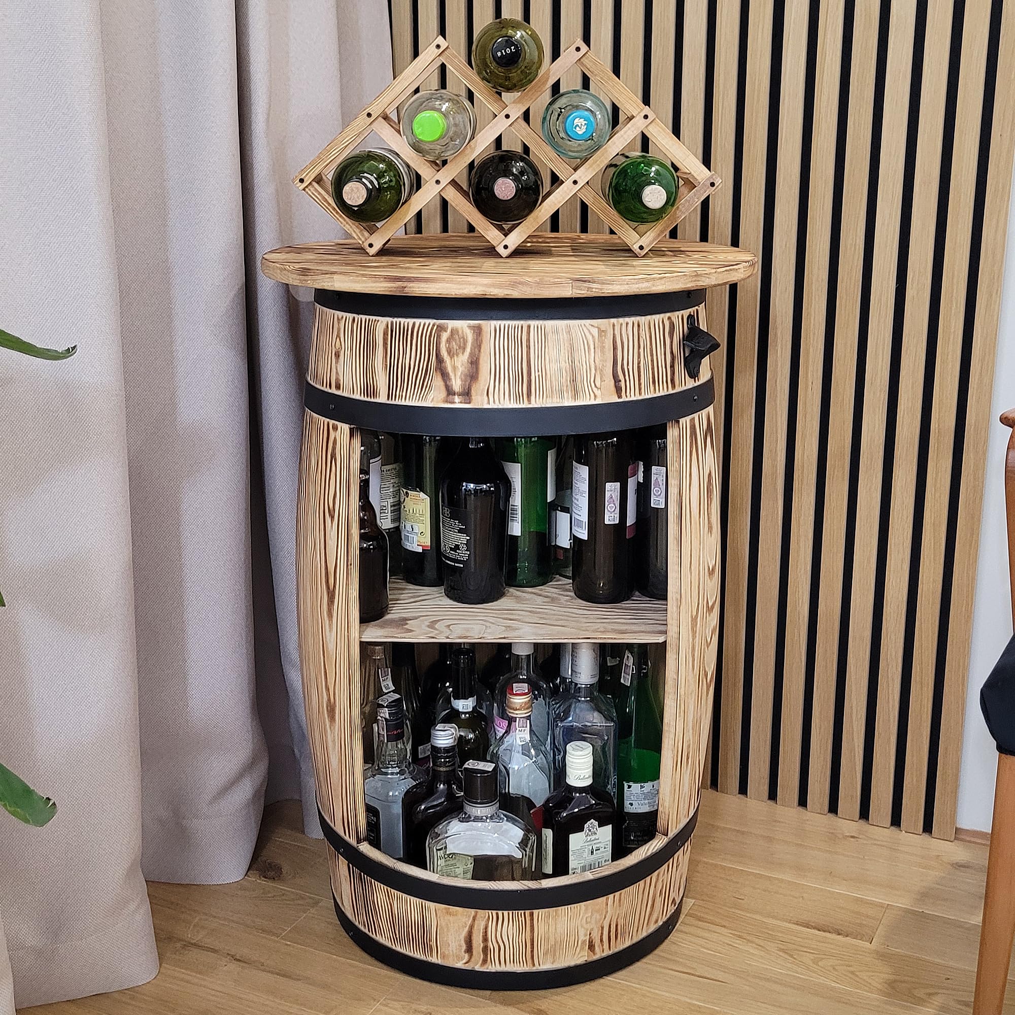 weeco Barile di vino con top blat e portabottiglie – Armadietto per vino – Tavolo da bar in legno – Barile di legno – Portabottiglie per vino – Tavolo da 80 x 50 cm