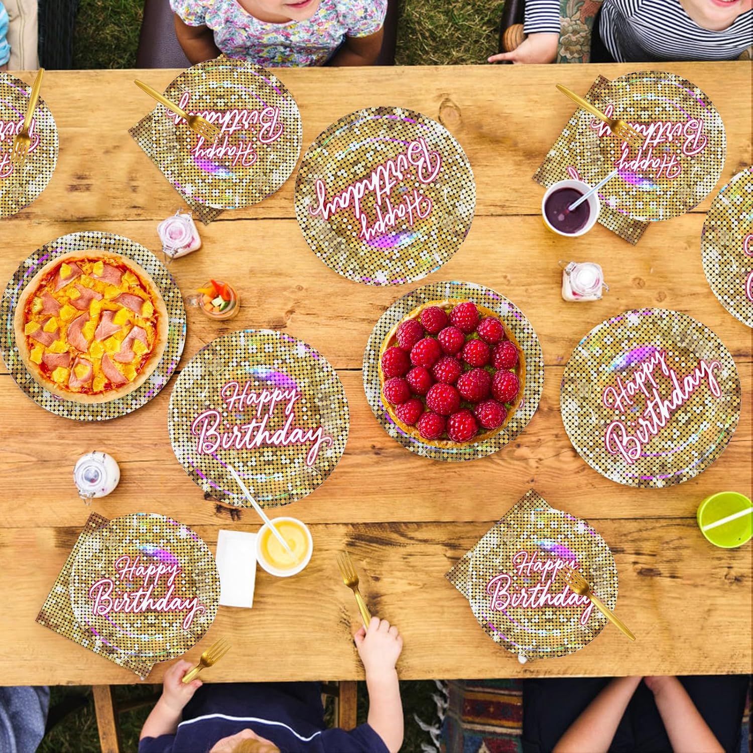 96 Pcs Gold Disco Birthday Party Decorations Gold Shining Shimmer Plates and Napkins Pink Neon Happy Birthday Golden Disco Flash Sequin Tableware Set for Women Girls 70s 80s Party Supplies Serves 24
