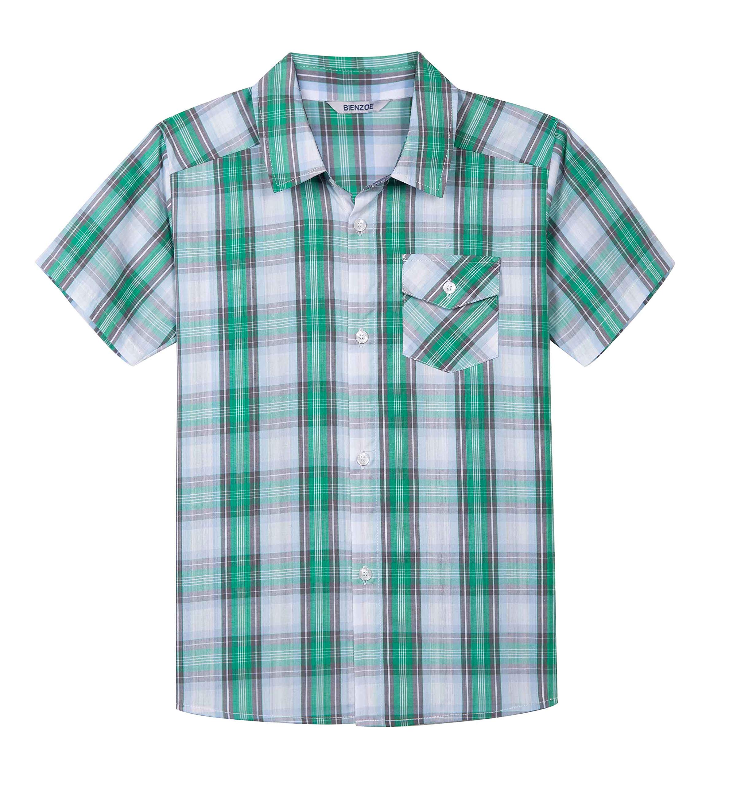 Bienzoe Niños Algodón Tartán Abotonar Deportes Corto Manga Camisa