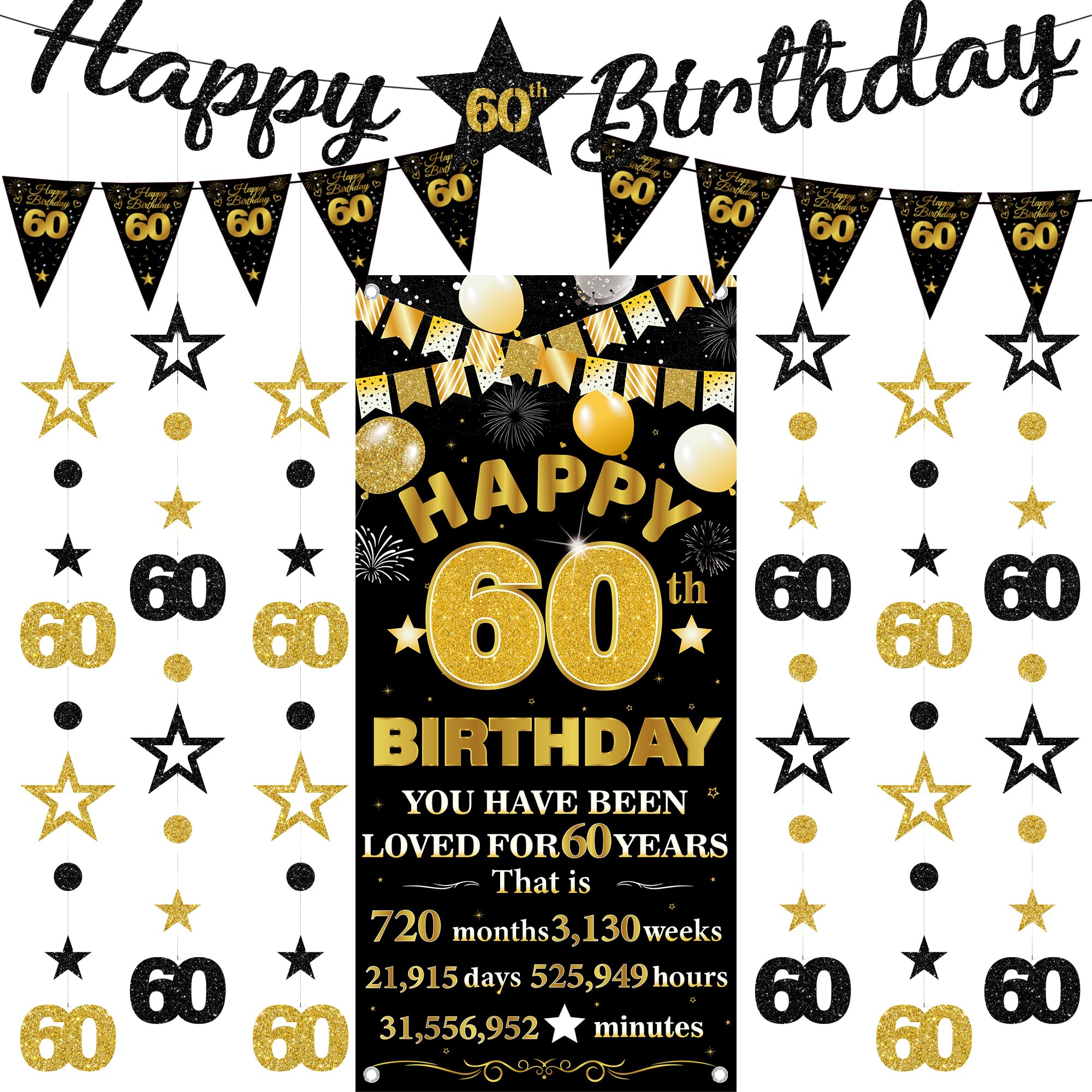 60th Birthday Decorations Banner Men - 9 Pcs Black Gold Bannes Backdrop Number Star Dot Glitter Hanging Garlands Kit for Men and Women Happy 60 Years Old Birthday Party Decor Supplies
