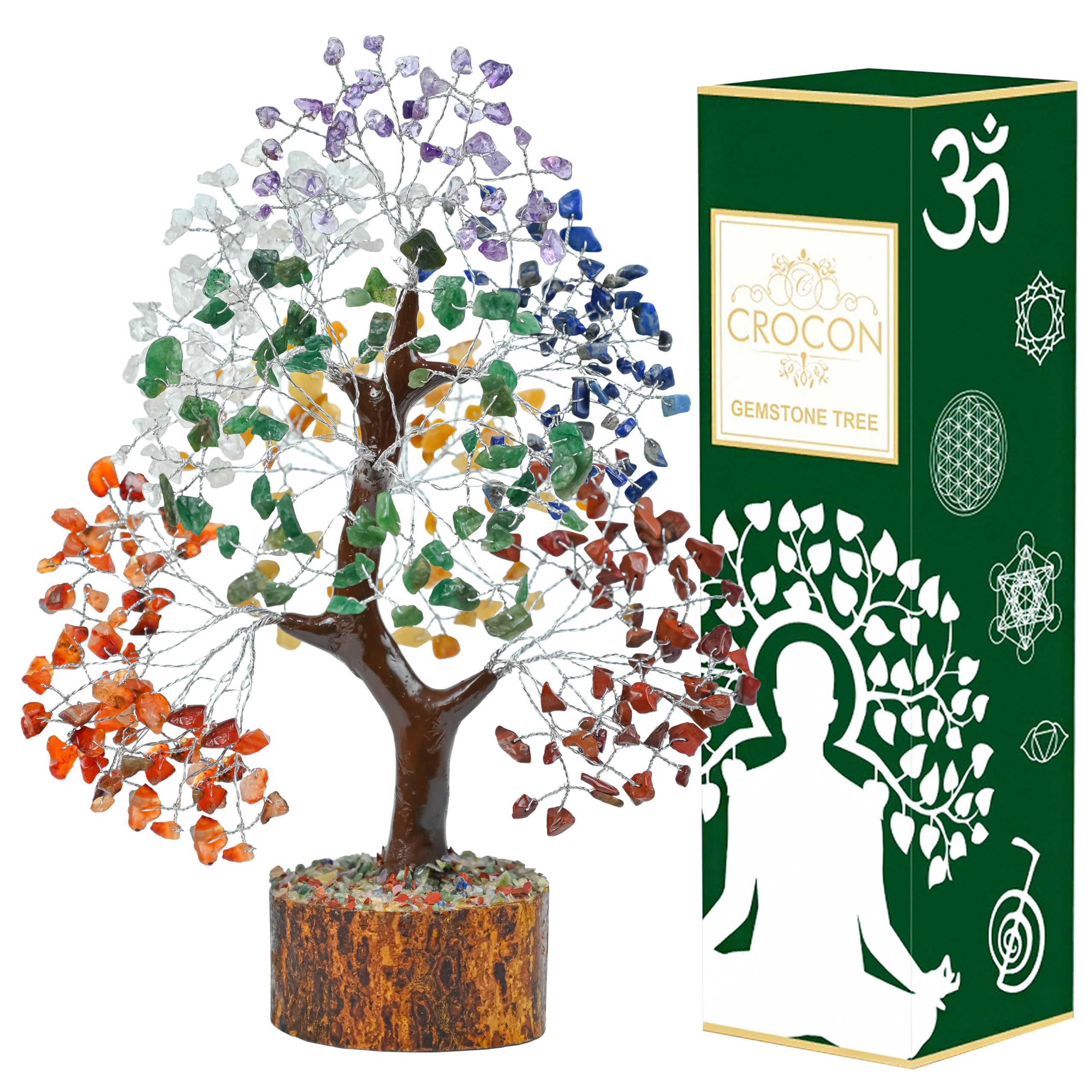 Crocon Natural Seven Chakra Gemstone Tree Reiki Healing Crystal Feng Shui Bonsai Gold Spiritual Gift Set for Good Luck, Wealth, Prosperity Size-10-12 Inch (Silver Wire)