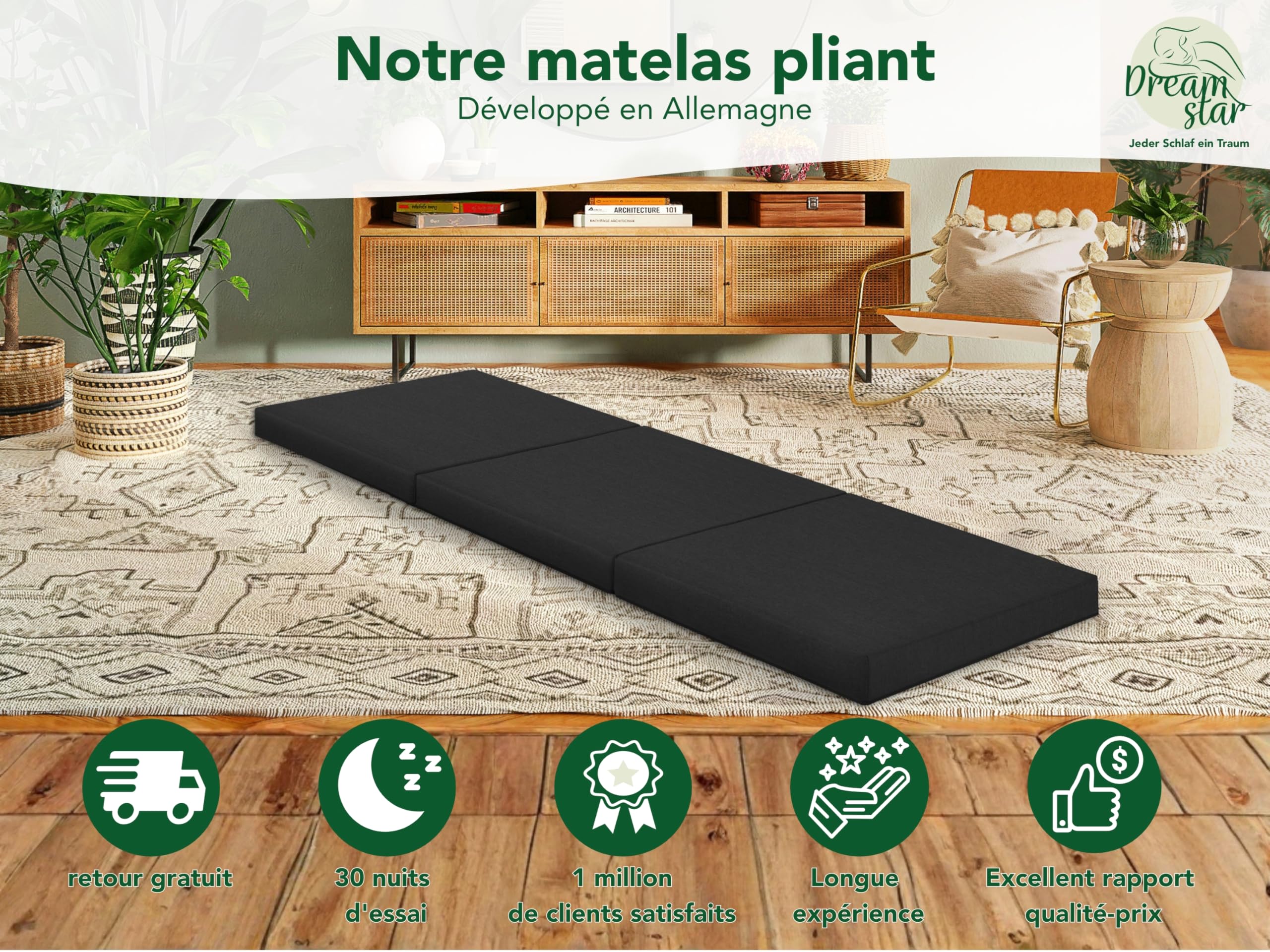 DREAMSTAR Easy Night, Matelas d'appoint pliable en 3 pièces, 7 cm de haut, 30 nuits d'essai de sommeil, Certifié Oeko-Tex, Matelas pliant noir, 60 x 190 cm
