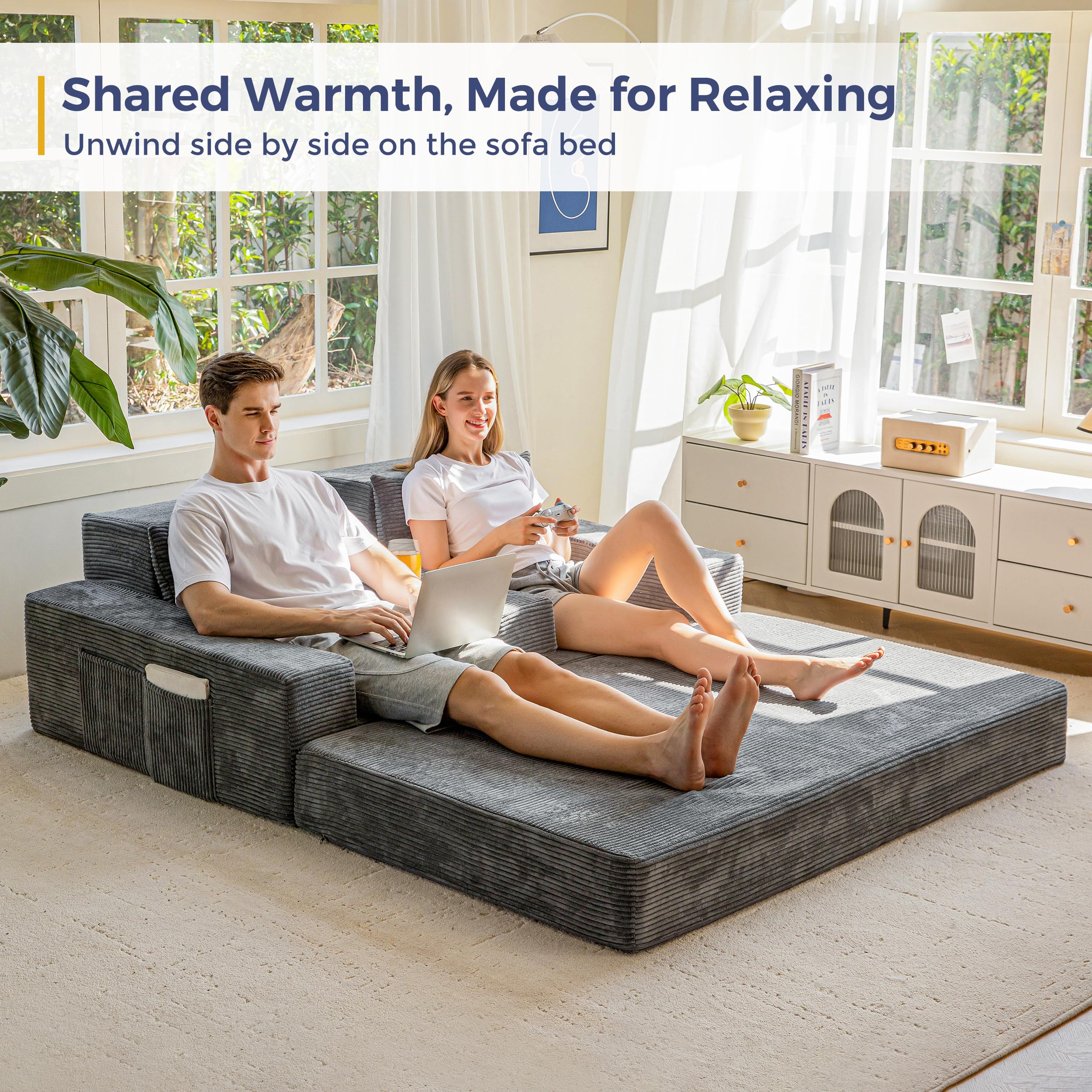 MAXYOYO Divano Letto Pieghevole, Sofa da Pavimento in Velluto a Coste, Divano Funzionale Trasformabile con Portabicchieri e Cuscino, Sofa a Compressione per Soggiorno, Camera da Letto e degli Ospiti