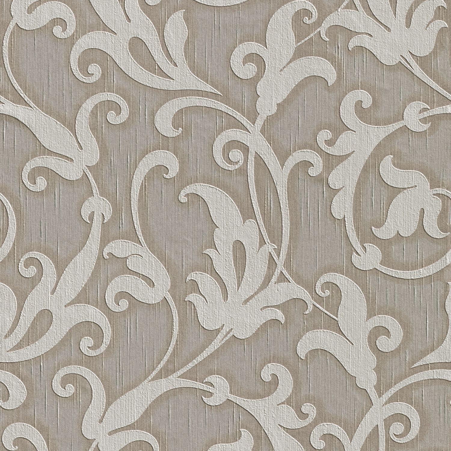 Papier peint textile isolant visuel Baroque gris brun Profhome pour masquer défauts