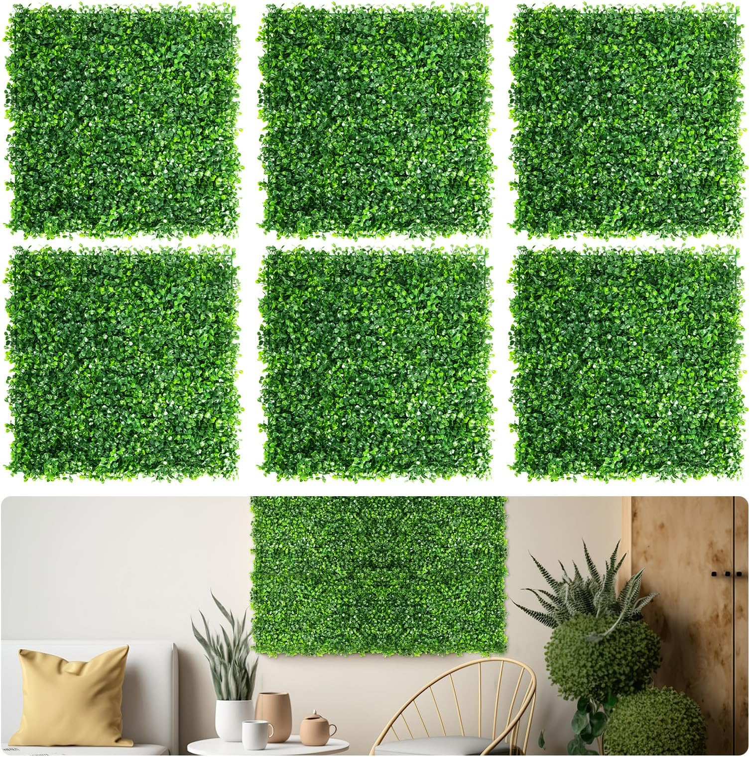 Aboofx Artificial Grass Wall Panels, 48 Pack 10x10in Green Wall Decor Greenery Wall Grass Decor for Outdoor, Boxwood Backdrop for Garden Yard Fence Wall Decoration(33.33 SQ Feet)