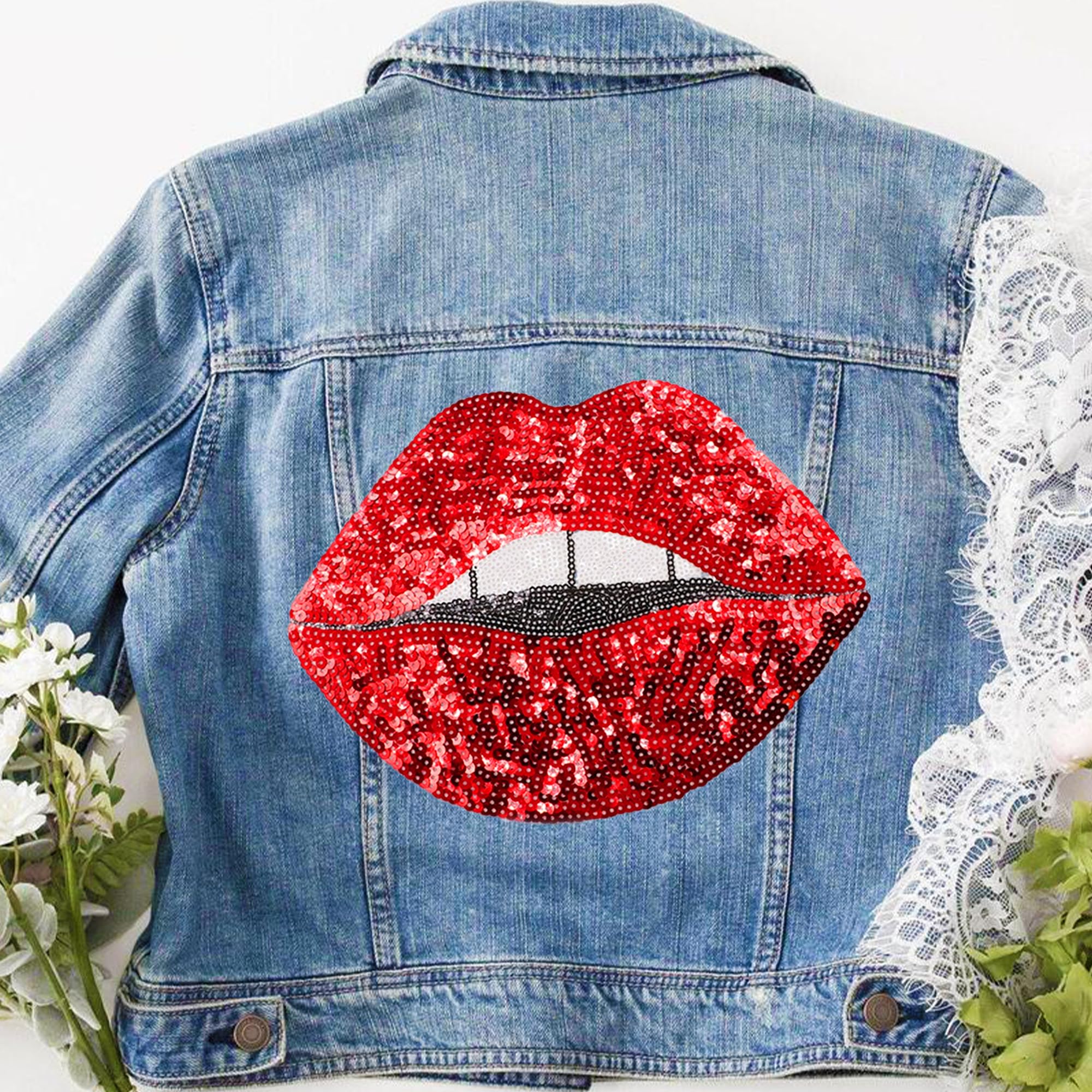 Parches de labios rojos para planchar, parches de labios grandes, parches de lentejuelas para chaquetas, parches de ropa