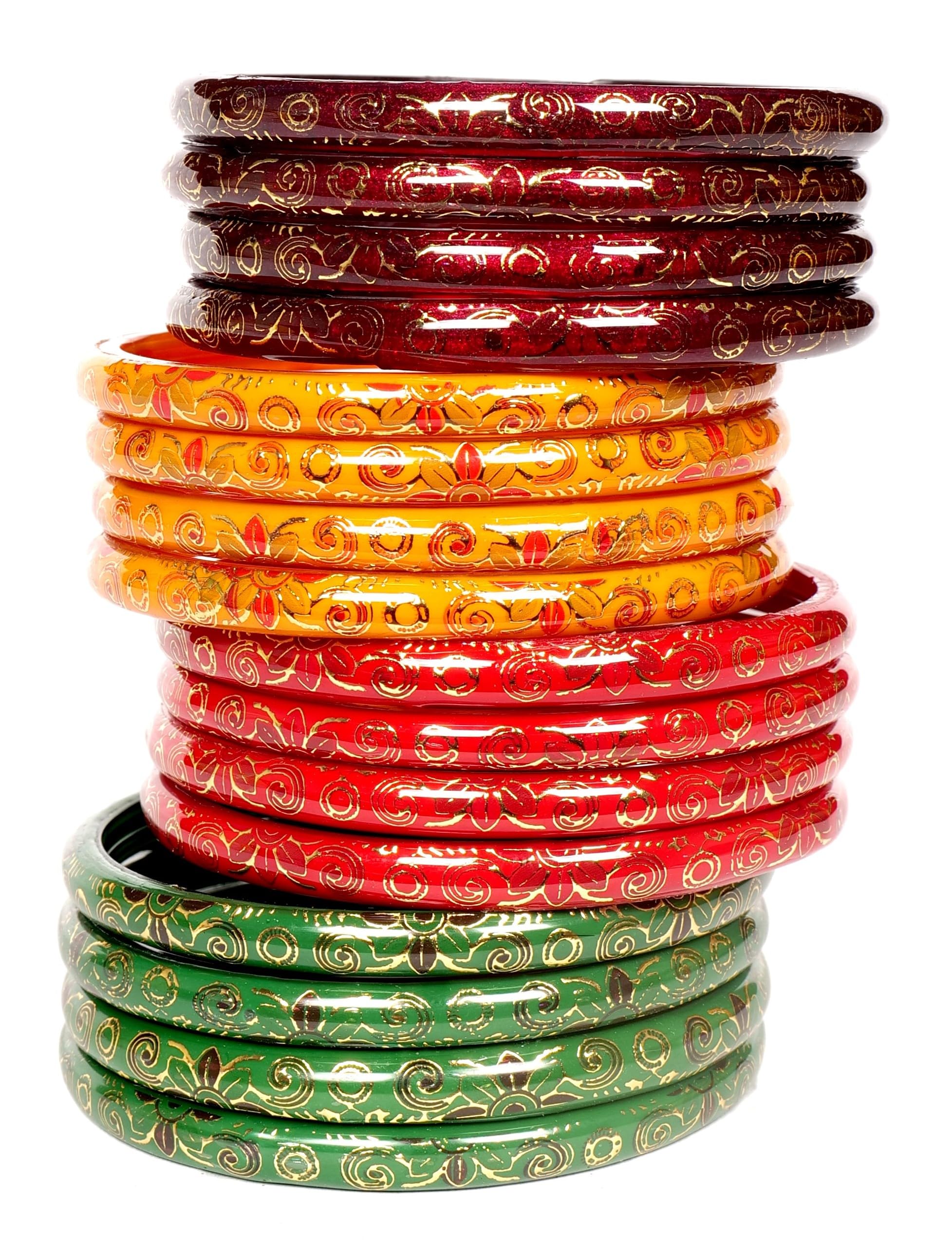 Red Green Mehrun Yellow Bangles for Women/Digital Prints Bangles/Light Shiny Prints/Glass Bangles (16Pcs)(SKU270)-image-24