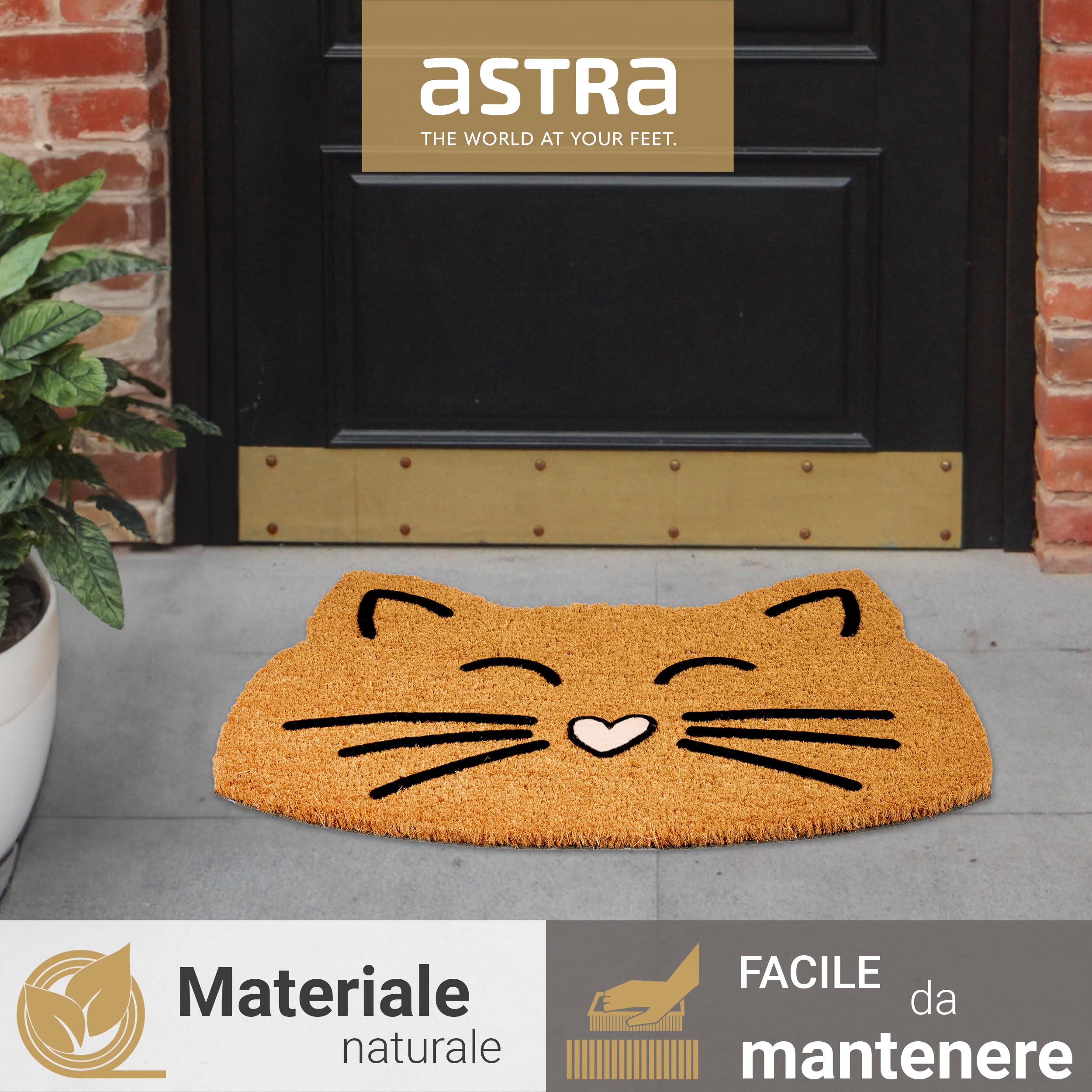 Zerbino Naturale in Cocco - Set di 2 Gatti 40x60cm - Antiscivolo Che Trattiene Lo Sporco - Per Porta Coperta da Spazio Esterno | Zerbino naturale per interni ed esterni, in cocco antiscivolo, con motivo