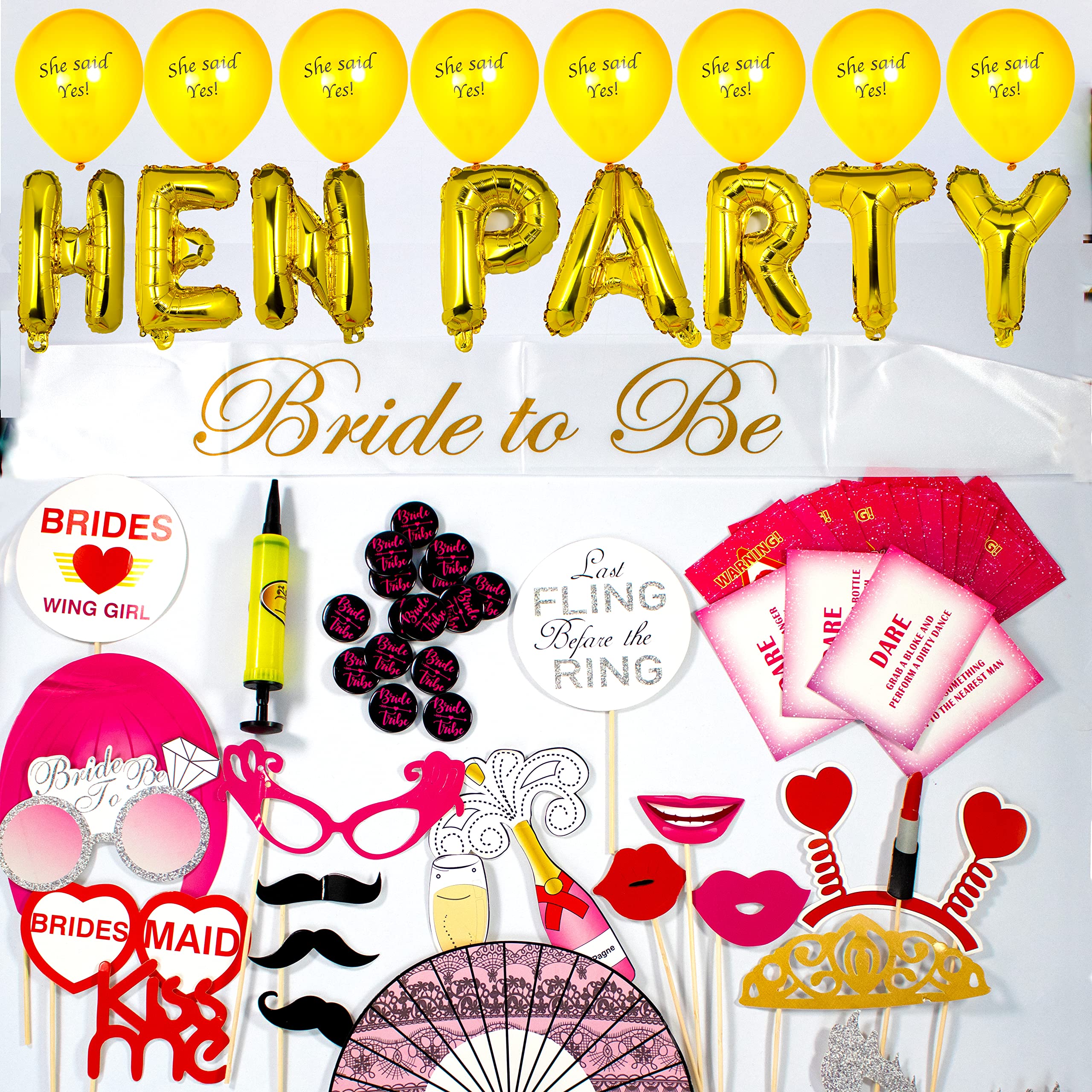 91 pcs Bride to be accessories in classy hen party pack: Gold & Black Hen party balloons, Gold bride banner, bride to be sash, badges, photo props and dare cards -hen party kit