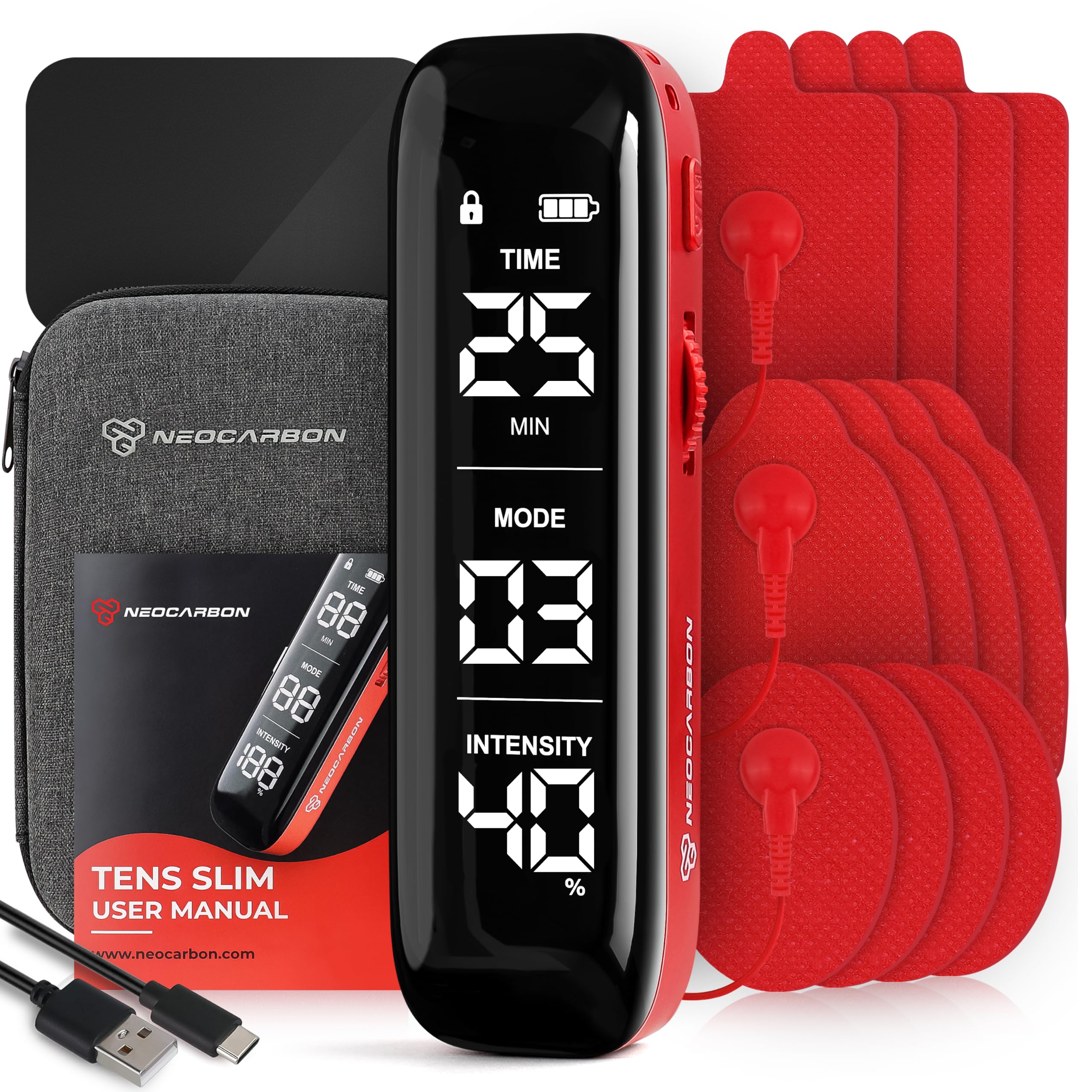 NEOCARBON TENS Unit Muscle Stimulator Slim for Pain Relief, Red