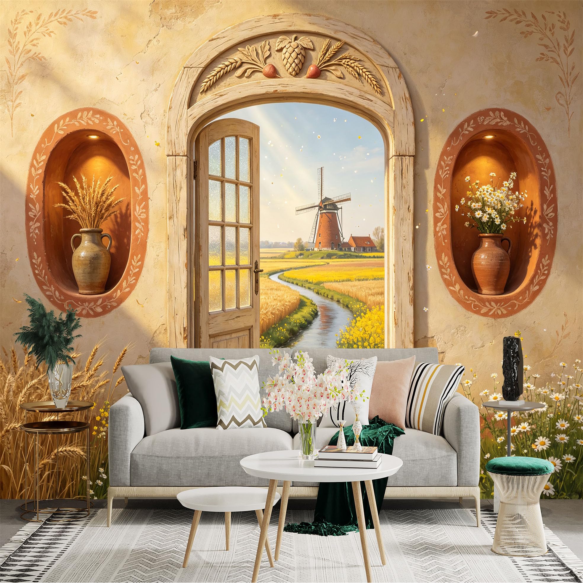 Custom Size Wall Sticker Mural， Rustic Farmhouse Doorway， Windmill Field and Floral Countryside， for wall Decoration， peelandstick wall Decals.