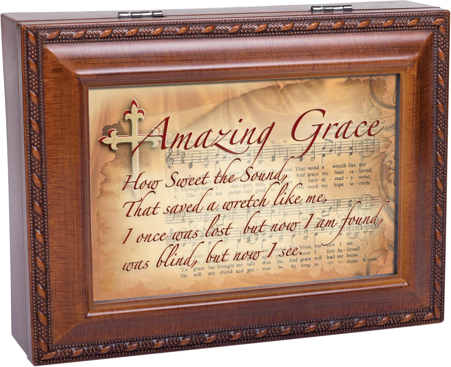 Cottage Garden Amazing Grace Music Cross Wood Finish Jewelry Music Box Plays Amazing Grace