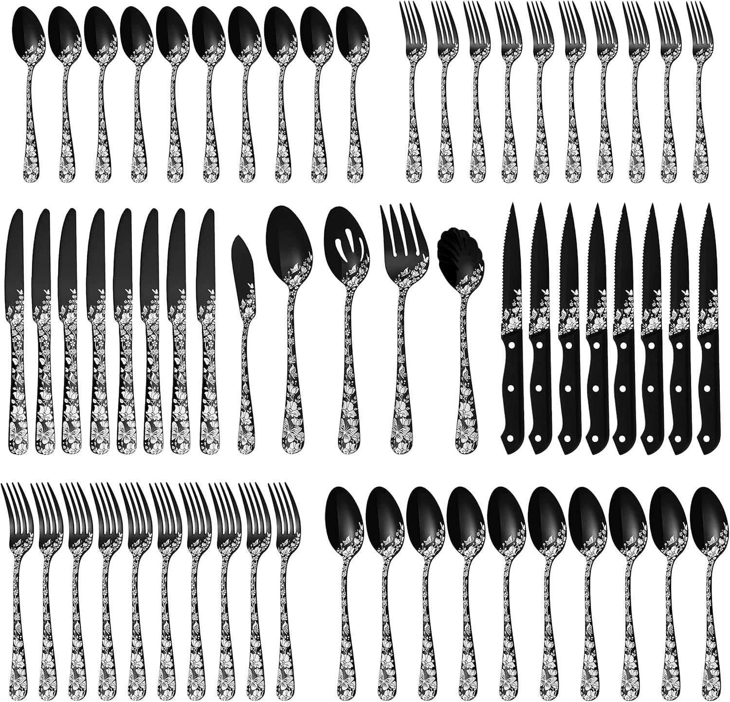 89Piece Black Silverware Set, Plus Steak Knives & Serving