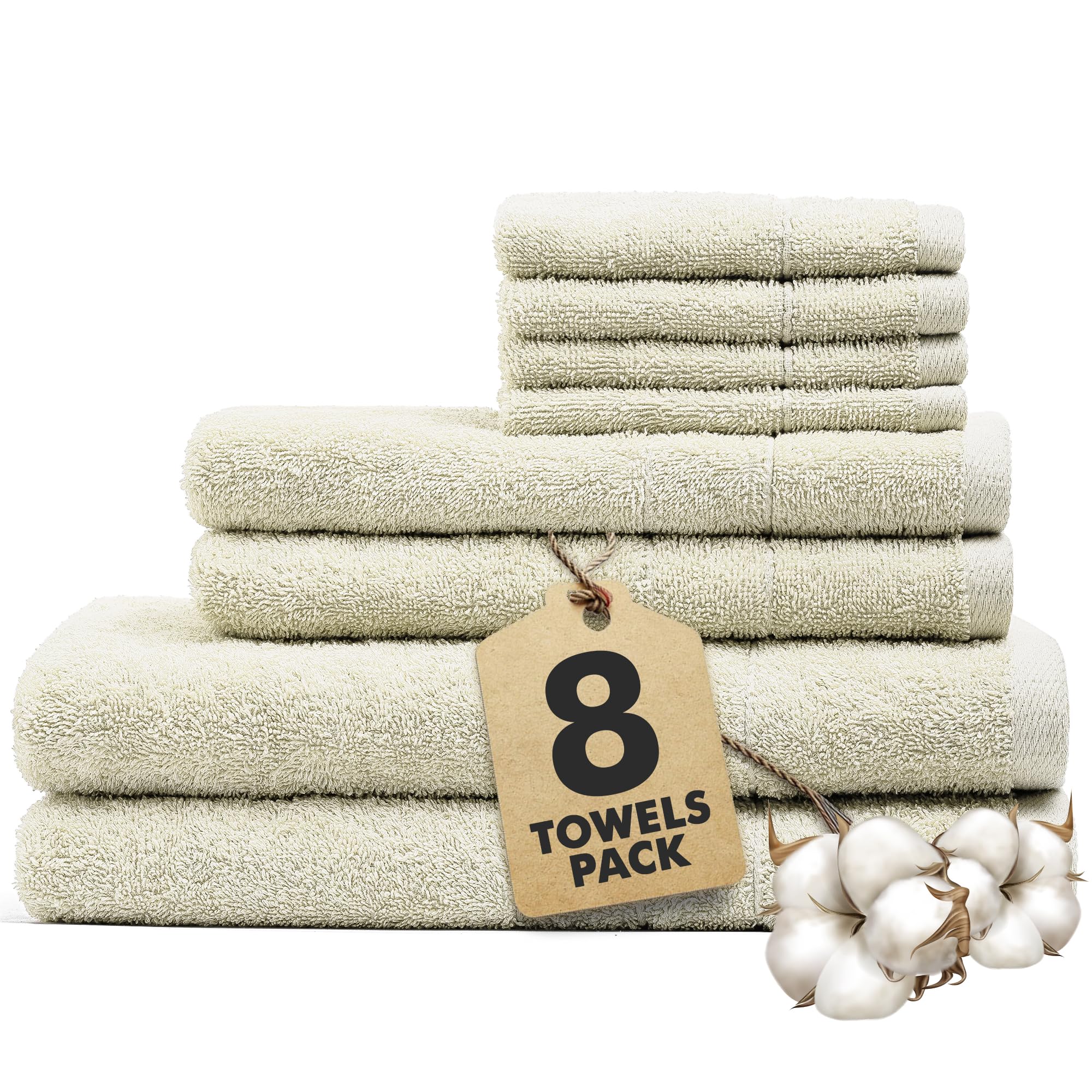 Novo Home Ivory Bath Towels Set Of 8 – 550 Gsm 100% Cotton Towel Set Bale Includes 2 Bath, 2 Hand, 4 Face Towels – Soft, Absorbent & Quick Dry Towel For Bathroom, Spa, Kitchen, Hotel Use