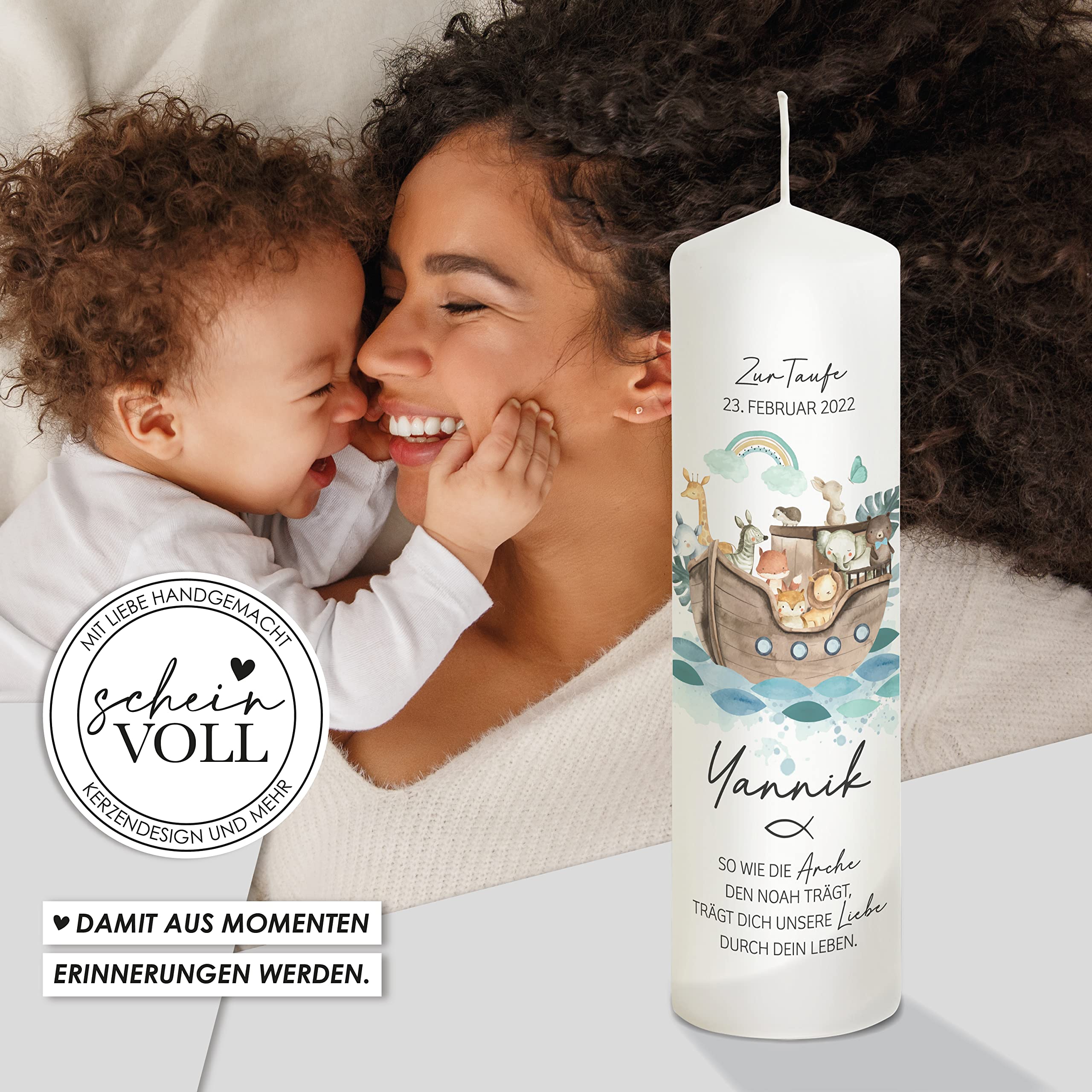 Scheinvoll® Taufkerze Arche Noah Yannik für Jungen mit Regenbogen personalisiert zur Taufe 25 x 8 cm auch mit Patenkerzen HANDMADE IN GERMANY