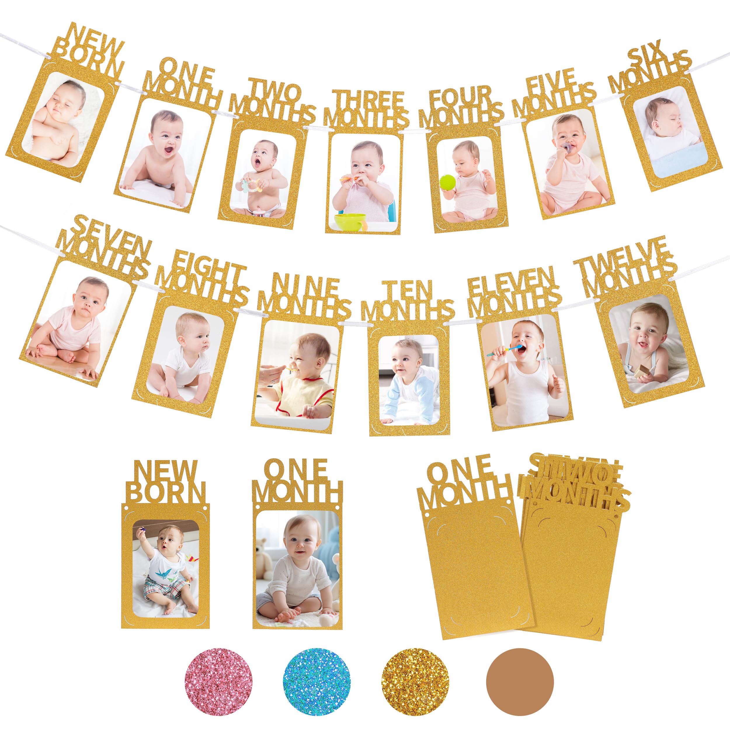 Crosize 4'' x 6'' or 5'' x 7'' 1st Birthday Photo Banner from Newborn to 12 Months, Boy or Girl Monthly Milestones Garland, One Year Old First Birthday Photo Banner Decorations with Frame (Gold)