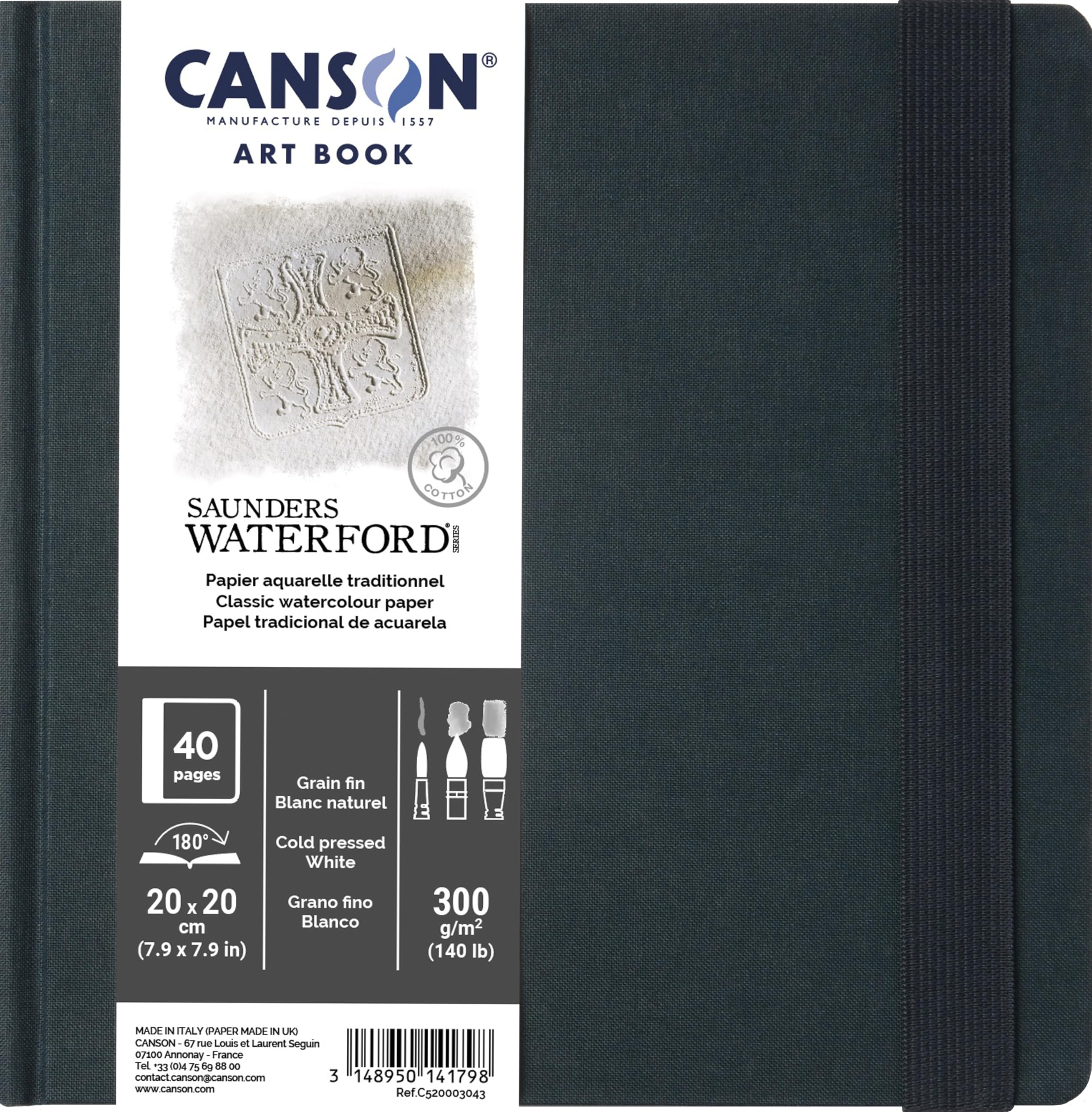 Canson Saunders Waterford Art Book, Aquarellpapier, feine Körnung, 300 g/m², Hardcover, 20 x 20 cm, Weiß, 20 Blatt