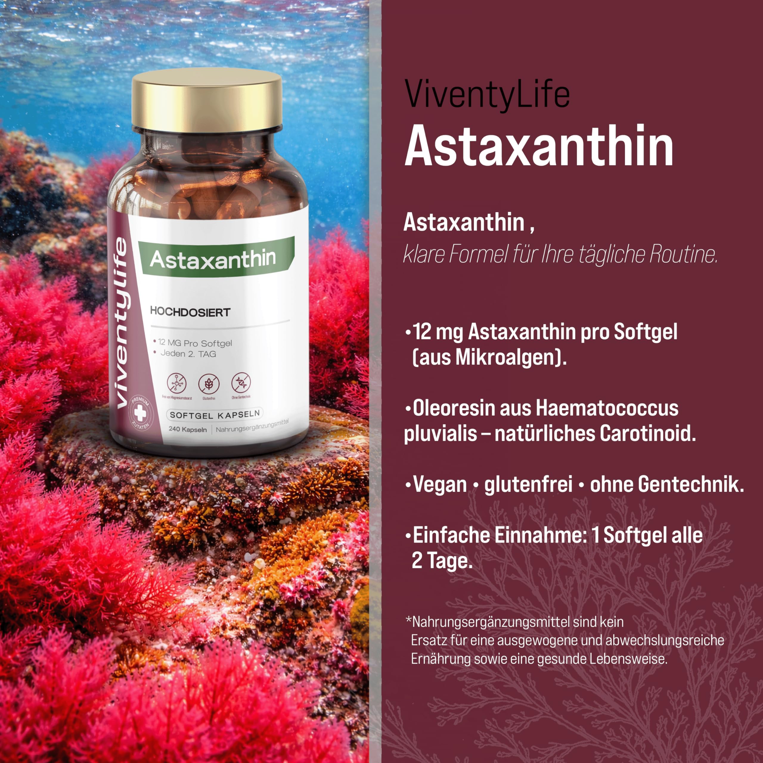 Astaxanthin Hochdosiert 12mg pro Softgel Kapseln, 16 Monate Vorrat, Premium Astaxanthin aus der Blutregenalge (Haematococcus pluvialis) - 240 Kapseln
