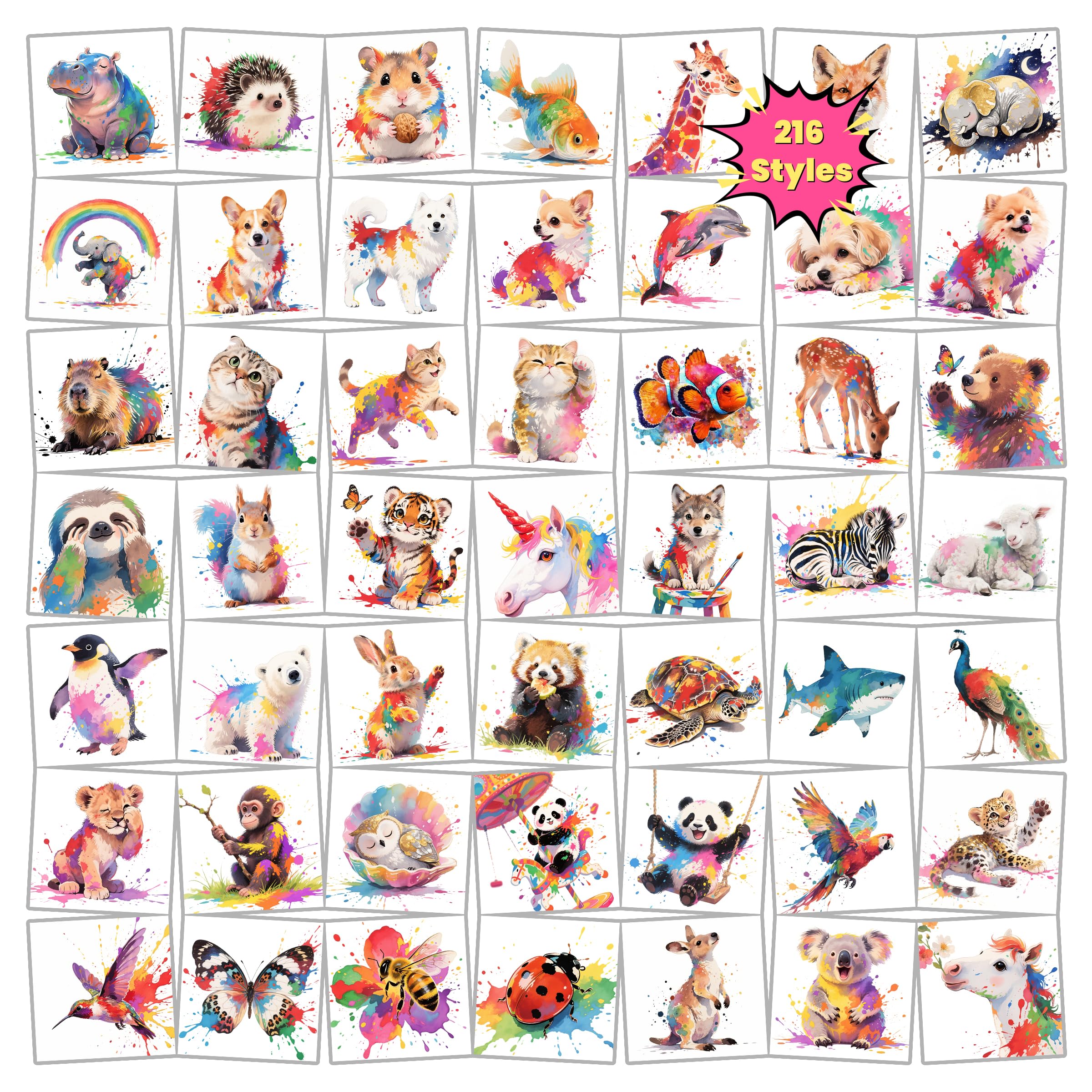 Keikihipa 216 PCS Watercolor Animals Kids Temporary Tattoo Set Party Favors