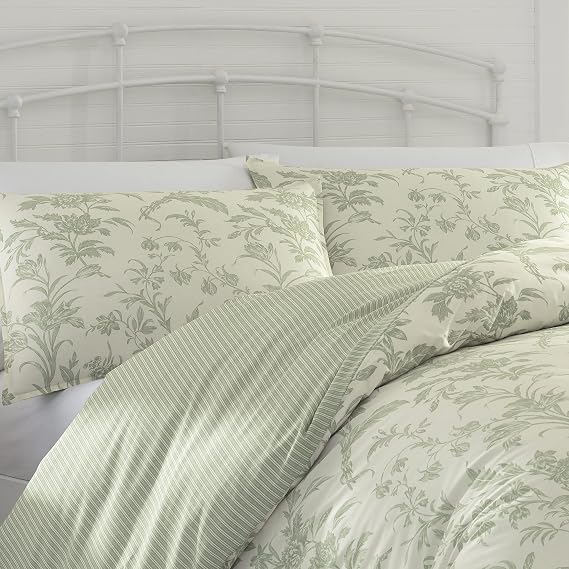 Laura Ashley Home - King Duvet Cover Set, Reversible Cotton Bedding, Includes Matching Shams with Bonus Euro Shams & Throw Pillows (Natalie Green, King)