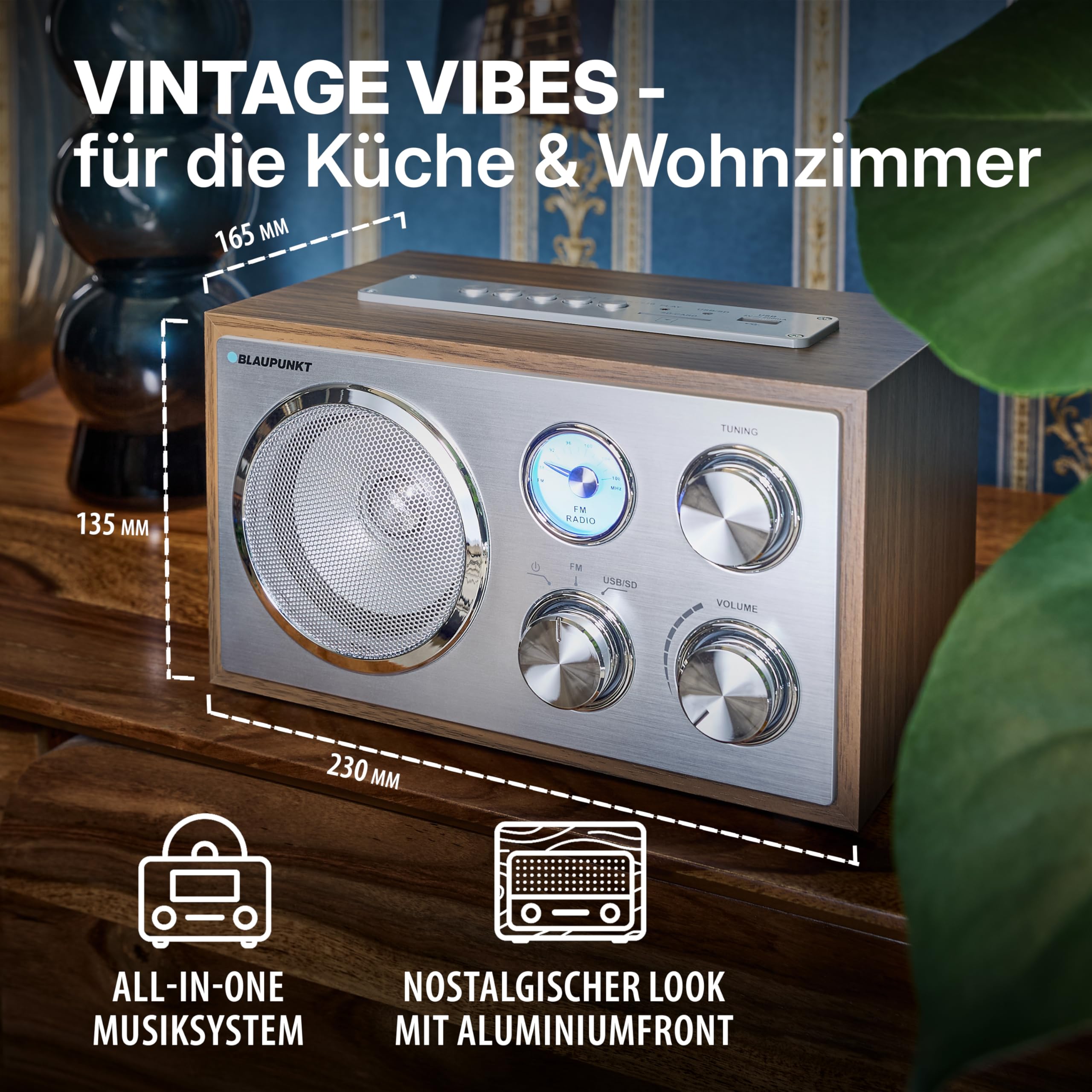 Blaupunkt RXN 19 WN Retro Radio, UKW FM Küchenradio, einfache Bedienung, Radio klein, Analog Tuner, USB-Port 2.0, SD Kartenleser, Antenne, Holz-Gehäuse, Nostalgie-Radio mit Netz-Kabel, Walnuss