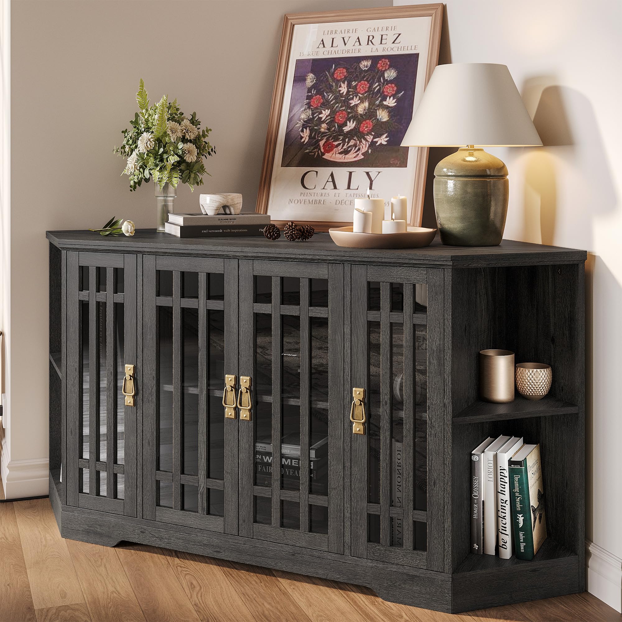 IRONCK Corner TV Stand for TVs up to 60 Inch with Power Outlet, Corner Entertainment Center with Storage Cabinet and Glass Doors, Mid Century Modern TV Stand for Living Room, Bedroom, Charcoal Grey