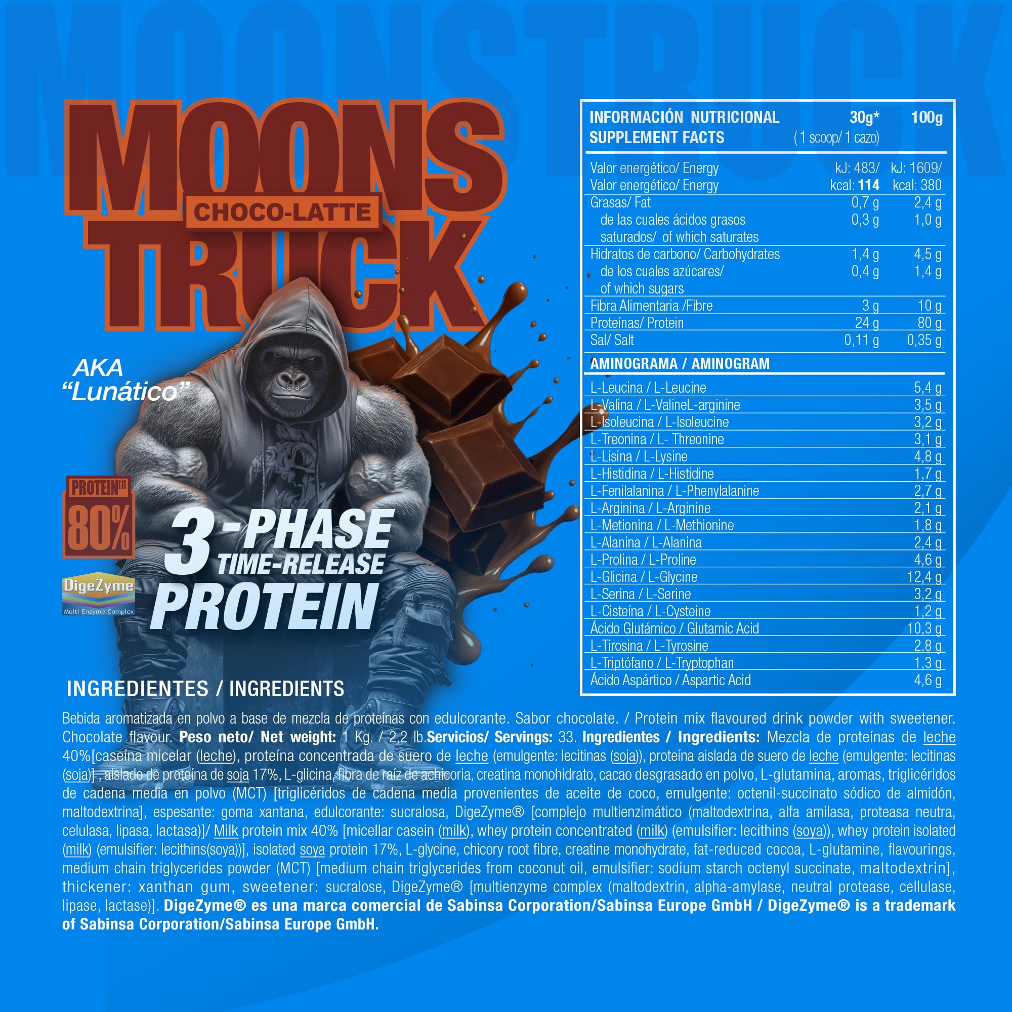 Zoomad Labs MOONSTRUCK 3-Phase Whey Protein 1 kg Chocolate | Proteínas Whey Isolada + Concentrada + Caseína Micelar con DigeZyme | 24 g Proteína · 80% Pureza · 33 Tomas Time-Release