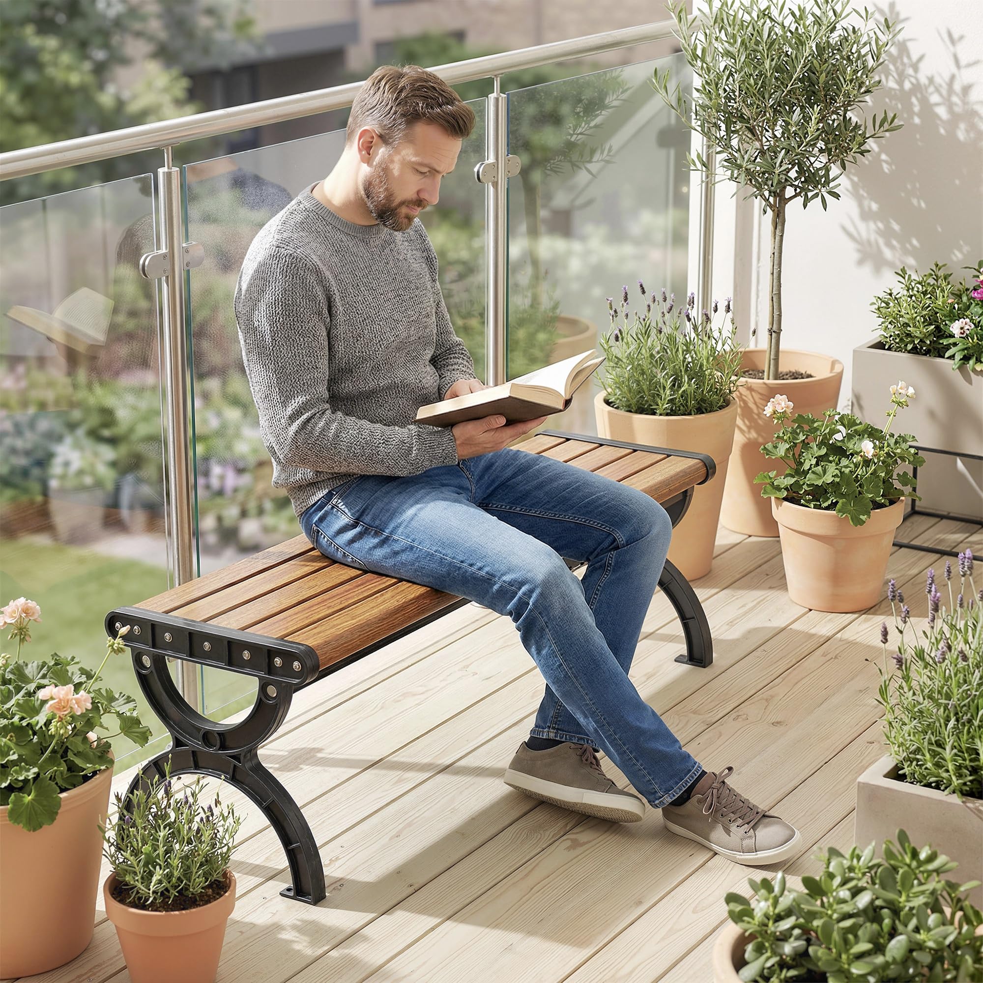 Outsunny Banc de Jardin Banc extérieur 2 Places avec Cadre en Métal et Assise à Lattes, antirouille, pour terrasse, Patio, pelouse, 124 x 39 x 39 cm, Effet Bois