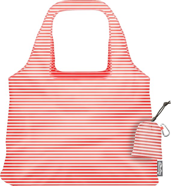 ChicoBag Vita Reusable Tote Bag with Carabiner Clip | Compact Reusable Shopping Bags | Eco Friendly | Coral Stripe