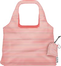 ChicoBag Vita Reusable Tote Bag with Carabiner Clip | Compact Reusable Shopping Bags | Eco Friendly | Coral Stripe