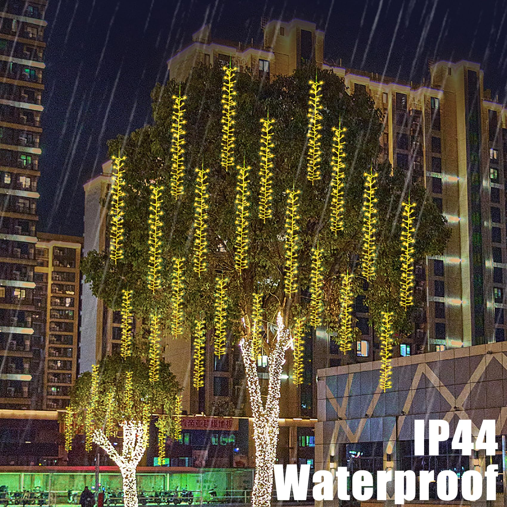 Solar LED Cluster Lichterkette 1.5M 360 LED Lichterkette Außen 3 Stränge Büschellichterkette Wasserdichte Meteorschauer Lichterkette für Weihnachtsbaum Party Garten (Warmes Weiß)