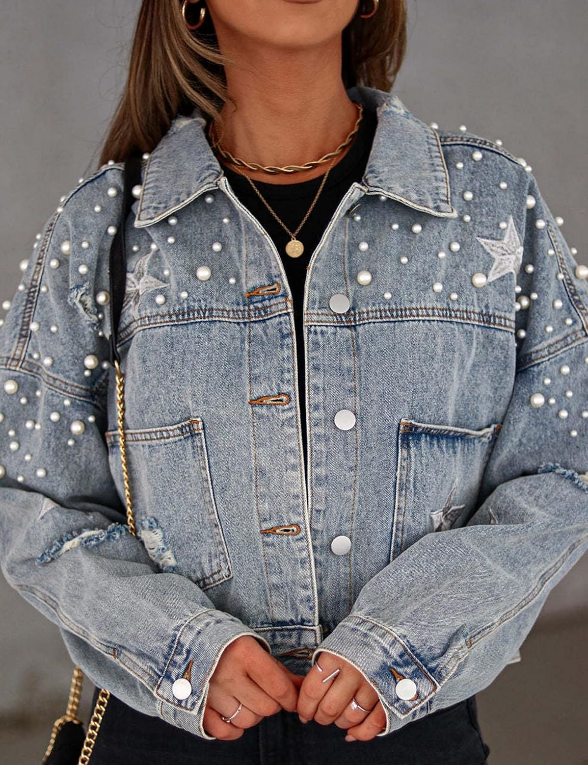 Esmeling Womens Cropped Pearls Beading Jean Jacket Ripped Star Embroidered Denim Jacket Coat - Image 6