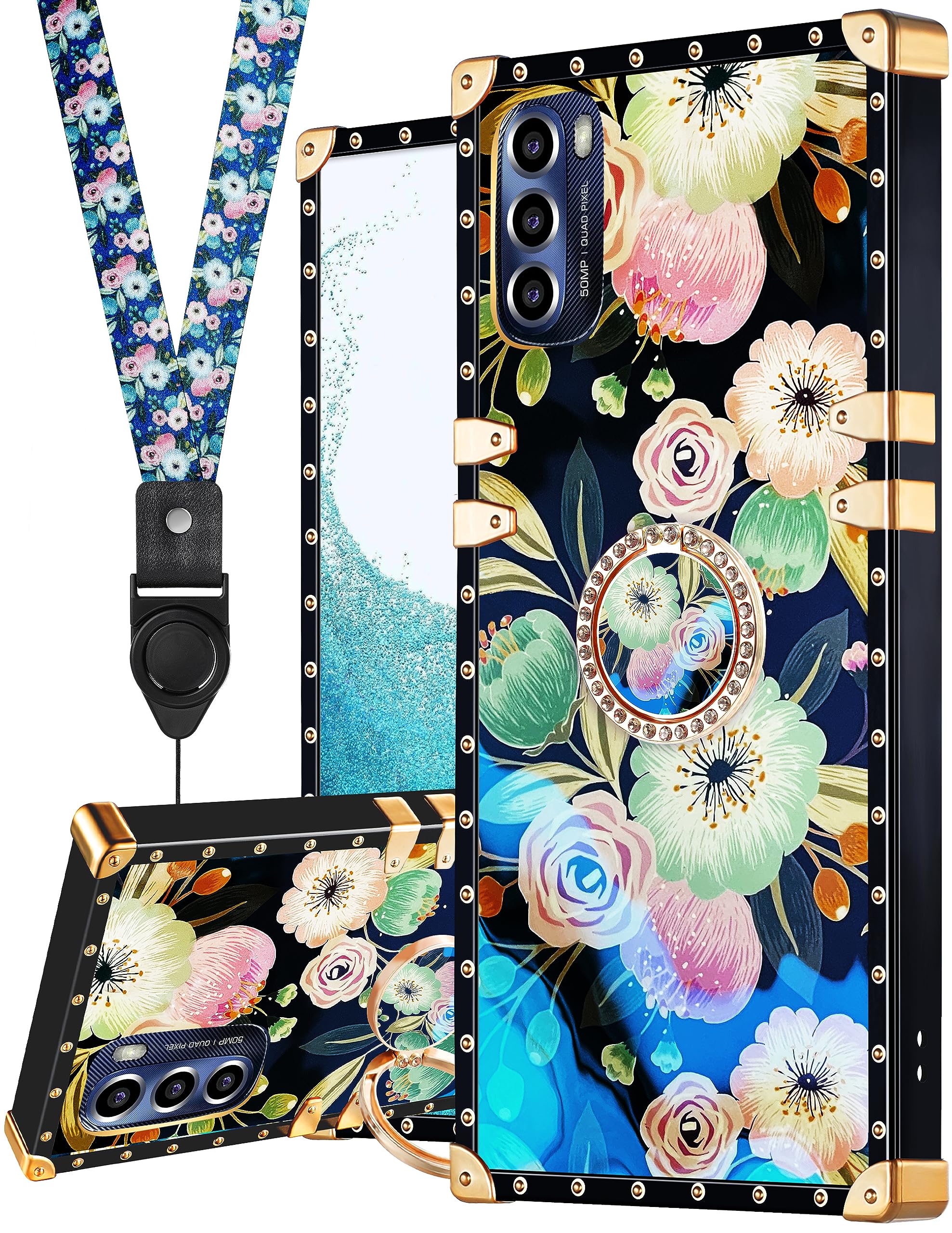 Photo 1 of Loheckle for Moto G Stylus 5G 2022 Case for Women, Designer Square Cases for Motorola G Stylus 5G 2022 with Ring Stand Holder and Lanyard, Stylish Flowers Luxury Cover for Moto G Stylus 2022 6.8''