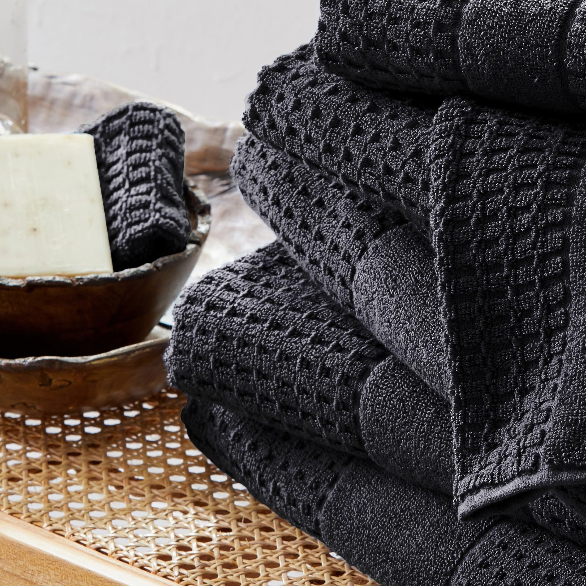 Juego de toallas de mano de lujo 100% algodón, de secado rápido y altamente absorbentes, textura gofre, 550 GSM, incluye 6 toallas de mano, colección Harper (negro)