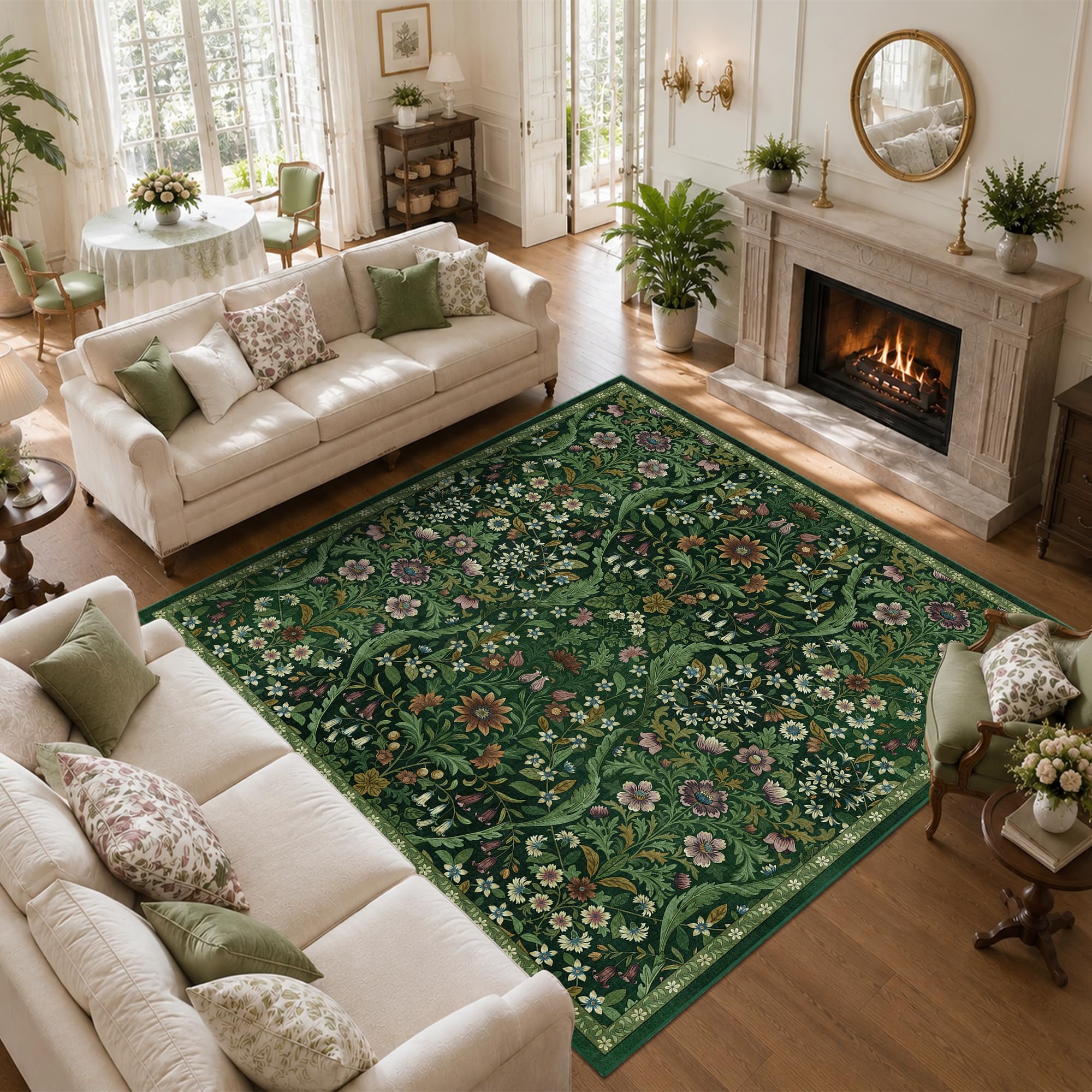 8x8 Square Rug Floral Washable Rug for Living Room Indoor Carpet