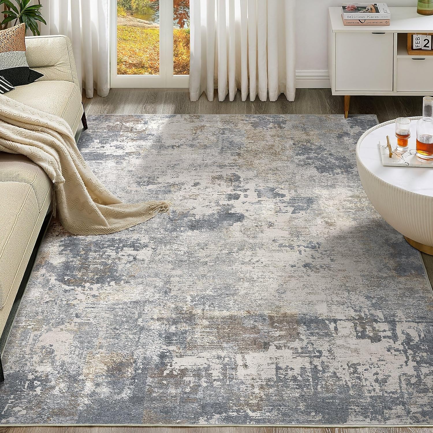 10x13 Area Rug Living Room Rugs - Washable Neutral Modern Abstract Soft Thin Rug Indoor Floor No Slip Rug Carpet for Bedroom Under Dining Table Home Office Decor - Blue Grey Blue Grey 10' x 13' (Rectangular)