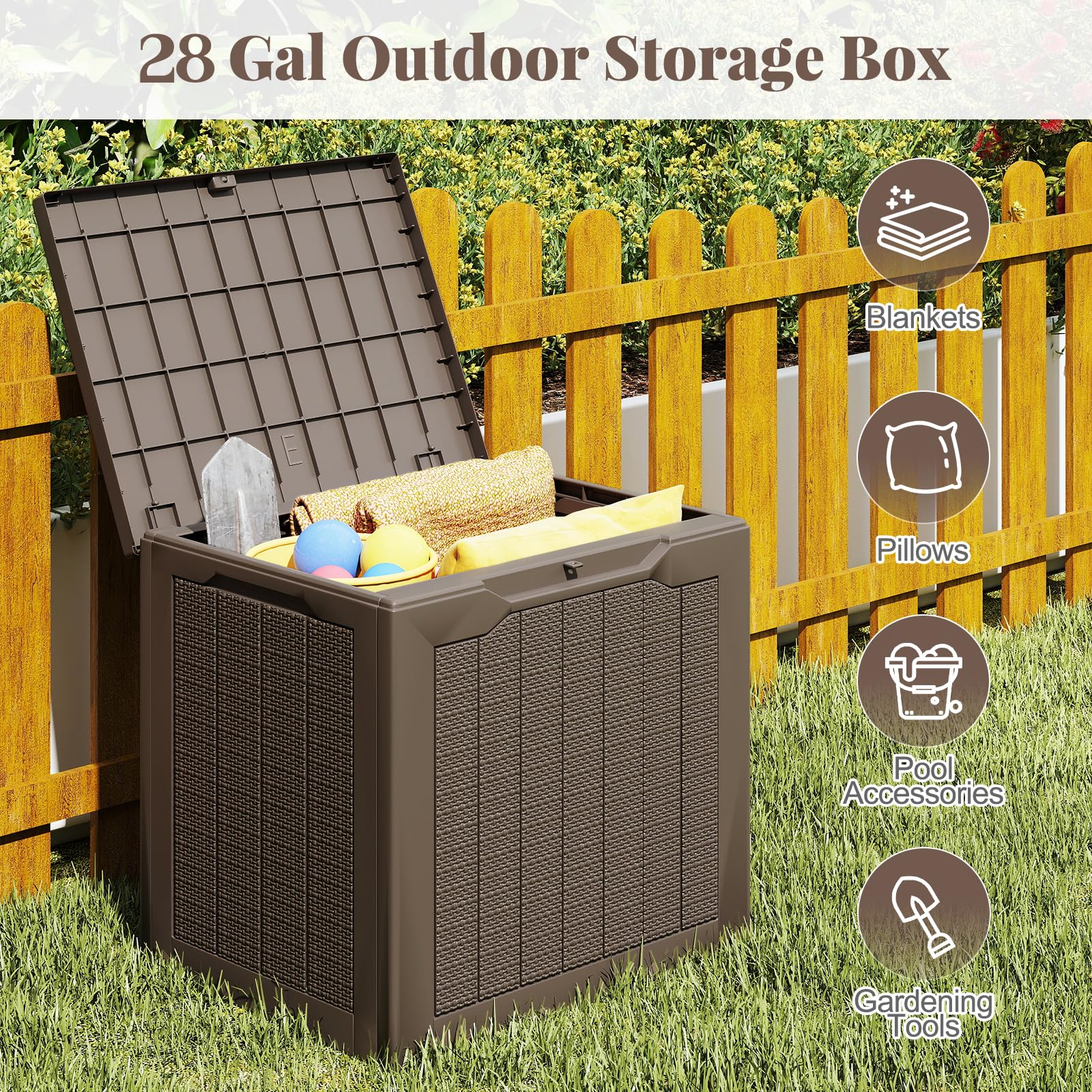GOPLUS Caja de Cubierta Impermeable, Mesa Auxiliar de Patio de 106 L con Tapa Bloqueable, Superficie Estilo Mimbre, Caja de Almacenamiento para Herramientas de Jardinería, Cojines, Piscina (Marrón)