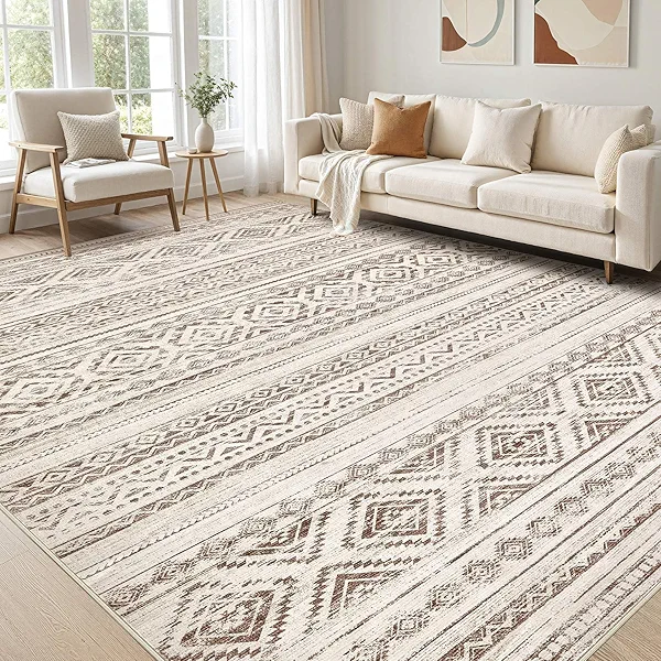 Large Living Room Area Rug 7x9: Soft Machine Washable Boho Moroccan Farmhouse Rugs for Bedroom Under Dining Table - Non-Slip Neutral Morden Indoor Floor Rug Carpet for Home Office Decor - Dark Brown