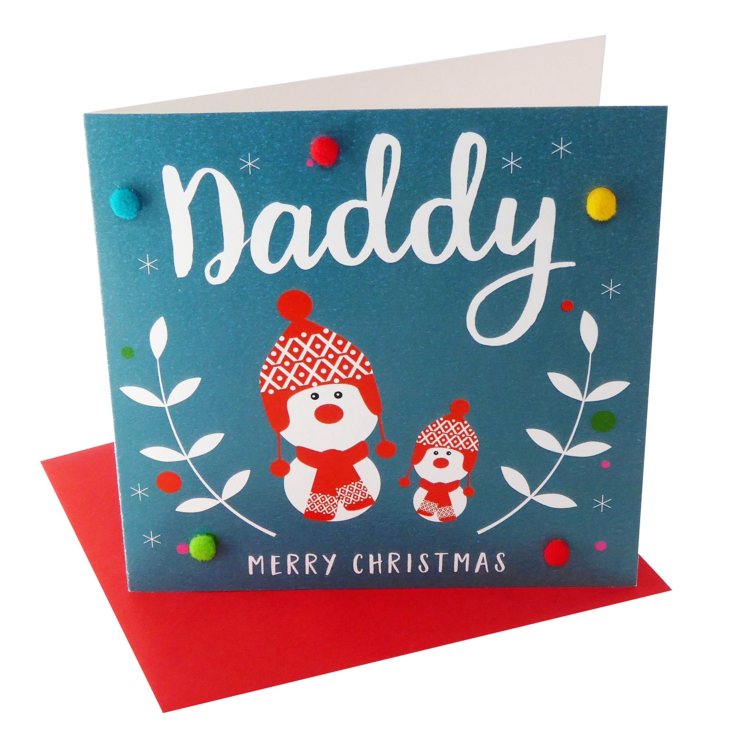 Claire Giles Greeting Cards, Happy Christmas Daddy Card, Two Snowmen Design Xmas Greeting Card, Embellished with Colourful Pompoms