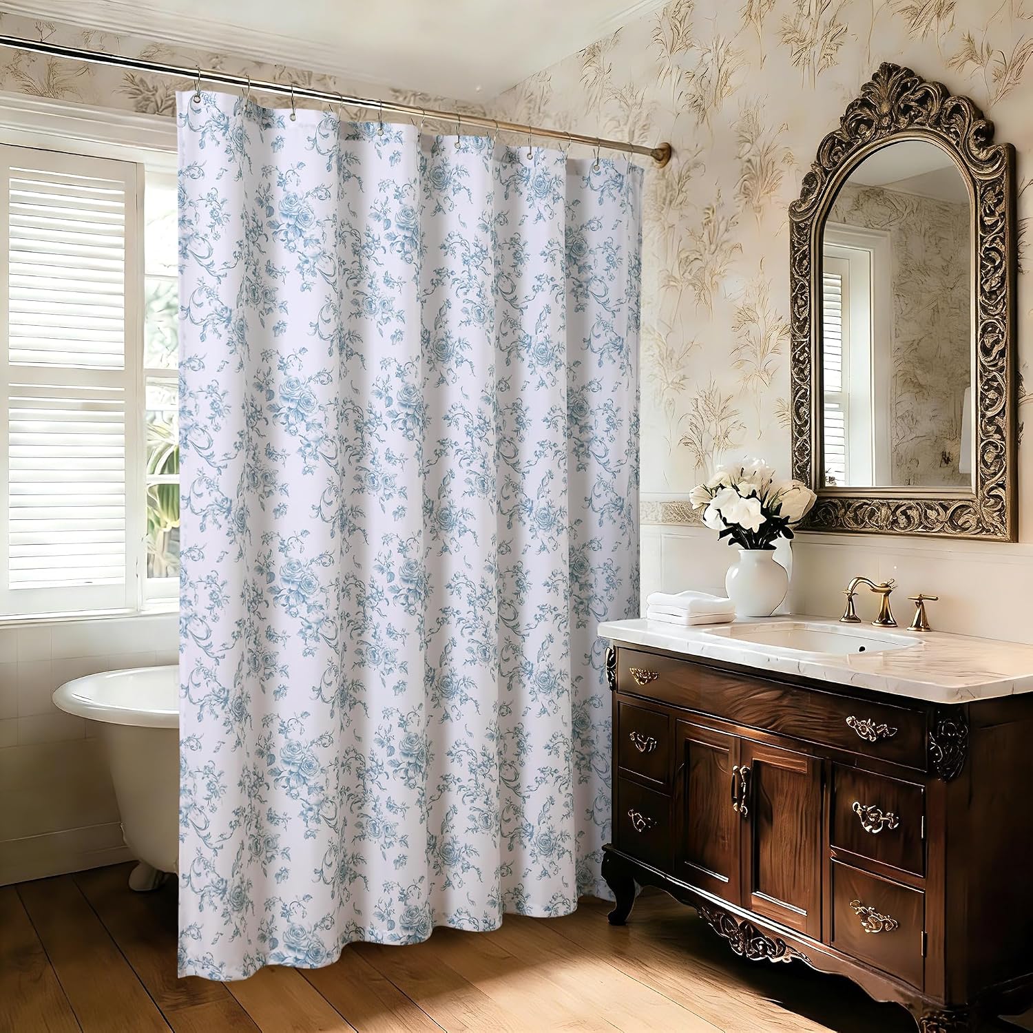 XWZO Vintage Floral Shower Curtain, Botanical Farmhouse Shower Curtains for Bathroom, Waterproof Fabric Cottagecore Shower Curtain Set with 12 Hooks, 72 x 72 Inches, Rose Blue