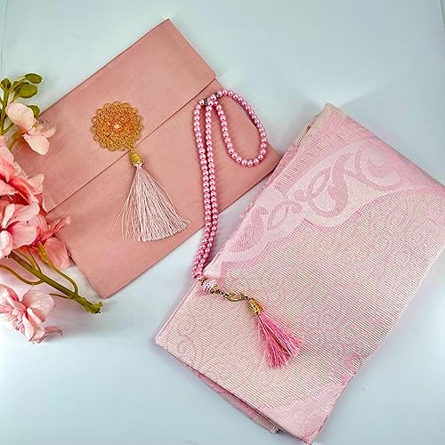 Miniatura 2 de Juego de alfombra de oración musulmana y Tasbeeh con bolsa Shantung portátil de alta calidad, suave Janamaz Sajadah para hombres y mujeres, regalo