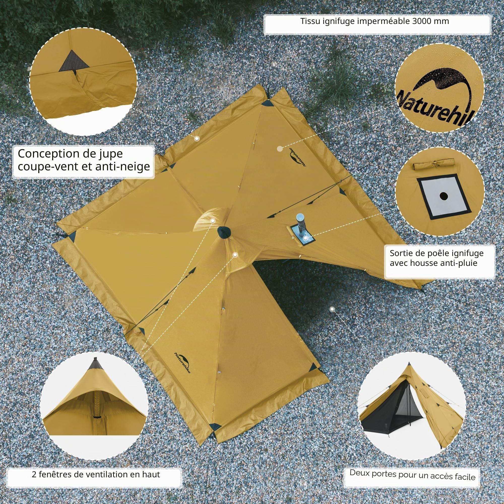 Naturehike Ranch Fire Thermotente 2-4 Personnes Pyramide 4 Saisons Tente Tipi avec Connexion pour Poêle Imperméable Anti-Vent Tente de Camping d'Hiver pour les Voyages d'Hiver et le Chauffage