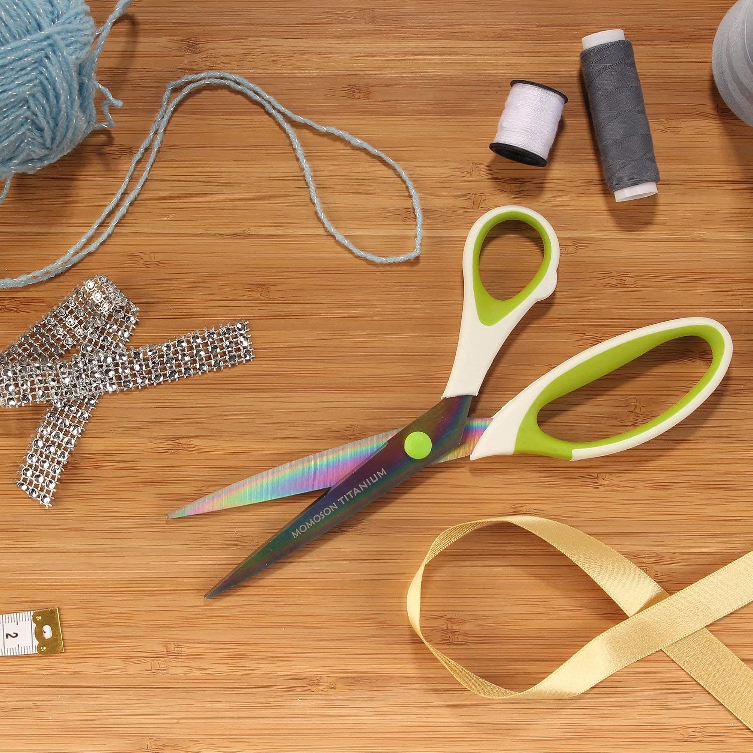 BambooMN Titanium Softgrip Scissors Set for Sewing, Arts, Crafts, Office - 1 Set of 3 - White w/Green Inlays