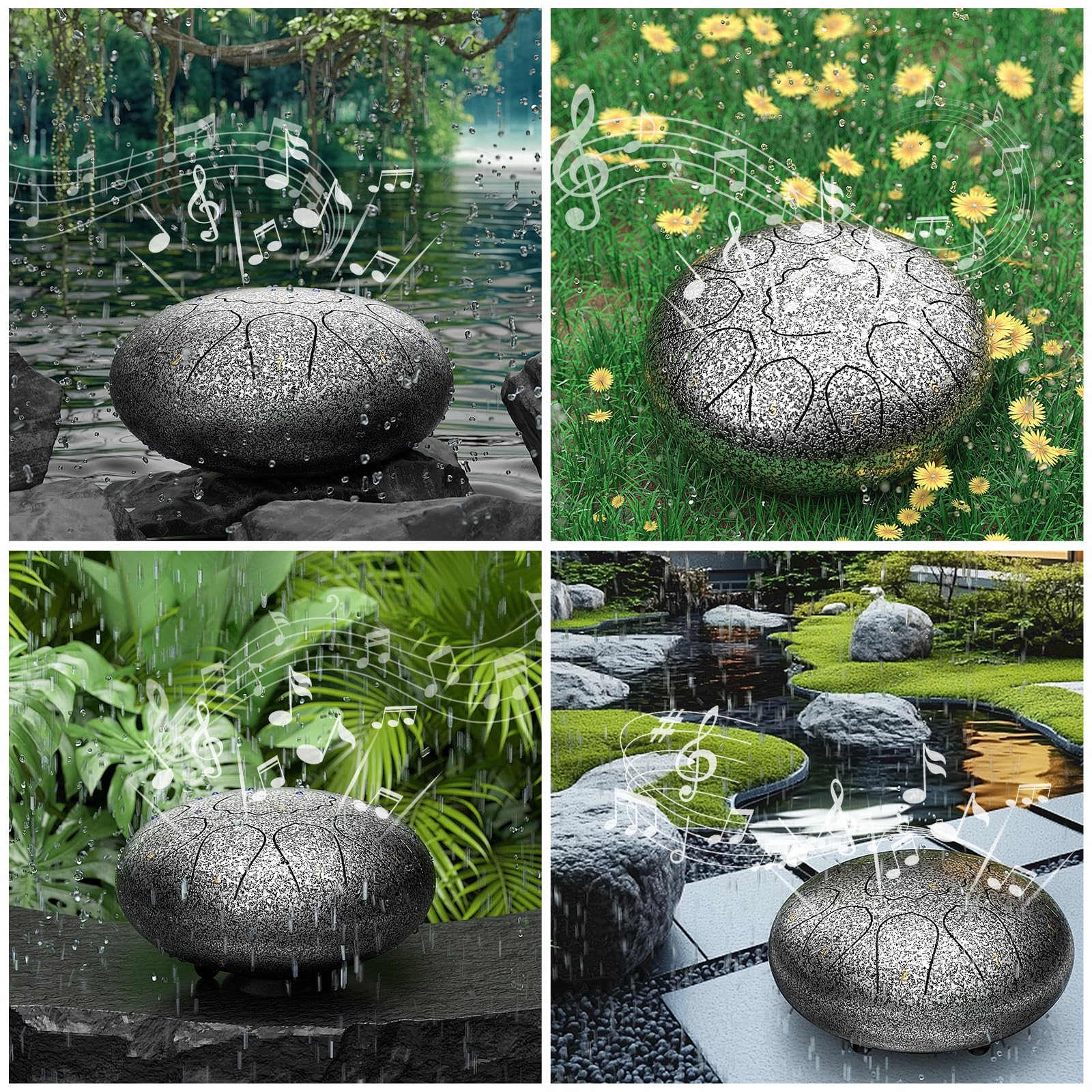 Rain Drum for Outside Garden, 8 Inches 11 Notes Steel Tongue Drum, Waterproof Meditation Rain Chime, Musical Instruments for Adult Gift with Bag, Music Book, Mallets (Star Sliver) 6