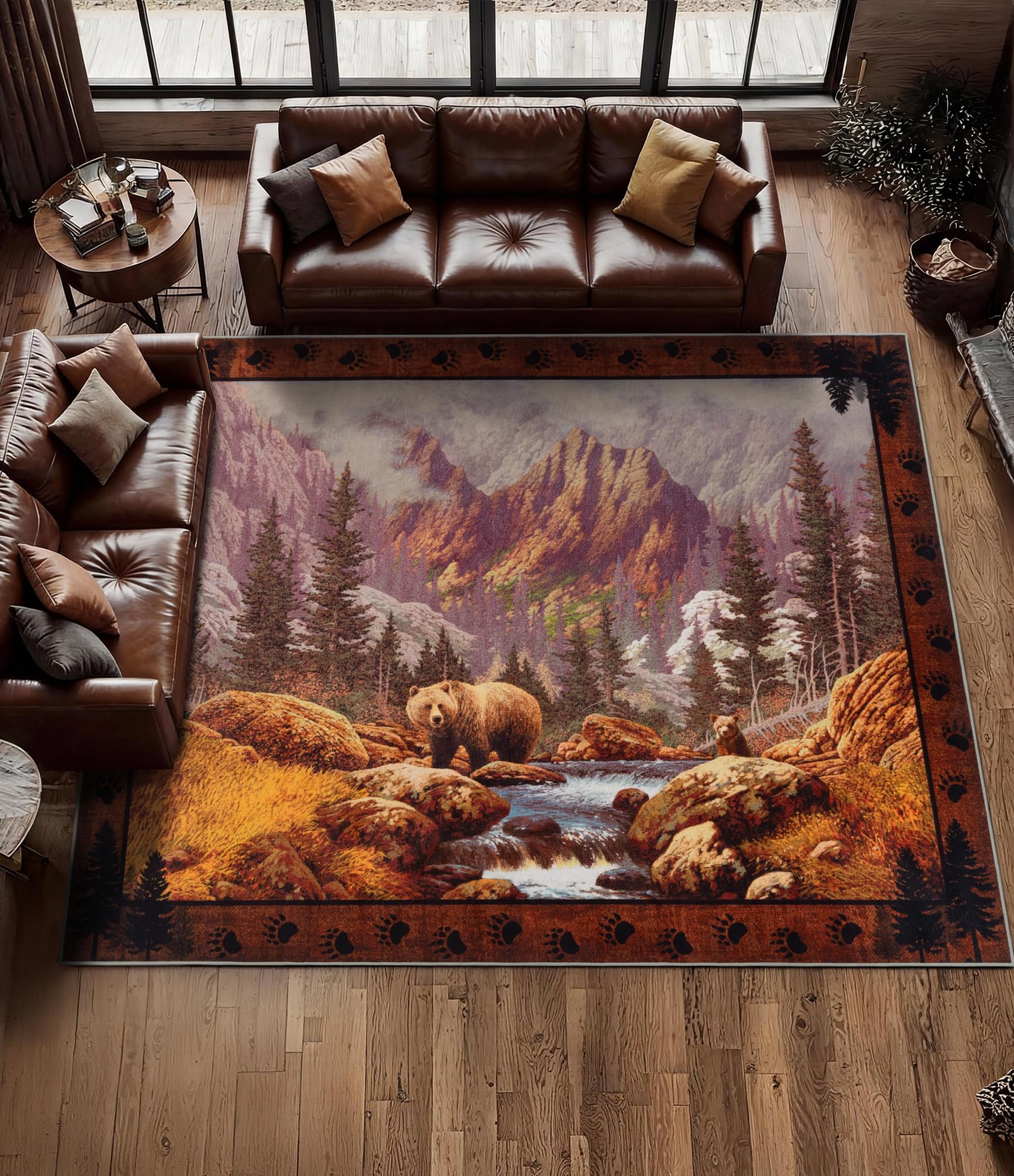 YIHOUSE Rustic Cabin Area Rug for Bedroom 8x10,Machine Washable Woodland Bear Rug,Non-Slip Low Pile Print Pattern Wildlife Rug for Living Room