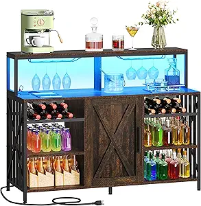 DWVO Bar Cabinet with LED Light and Power Outlet Farmhouse Liquor Cabinet 47 Inches Sideboard Buffet Cabinet with Wine Rack and Glass Goblet Holder for Dining Room Kitchen Living Room, Brown