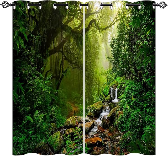 ANHOPE Jungle Curtains Eyelet 80% Blackout Room Darkening Curtains with Tropical Rainforest Forest Tree Print Pattern Light Blocking Window Drapes for Bedroom Living Room 46 x 54 Inch Drop 2 Panels